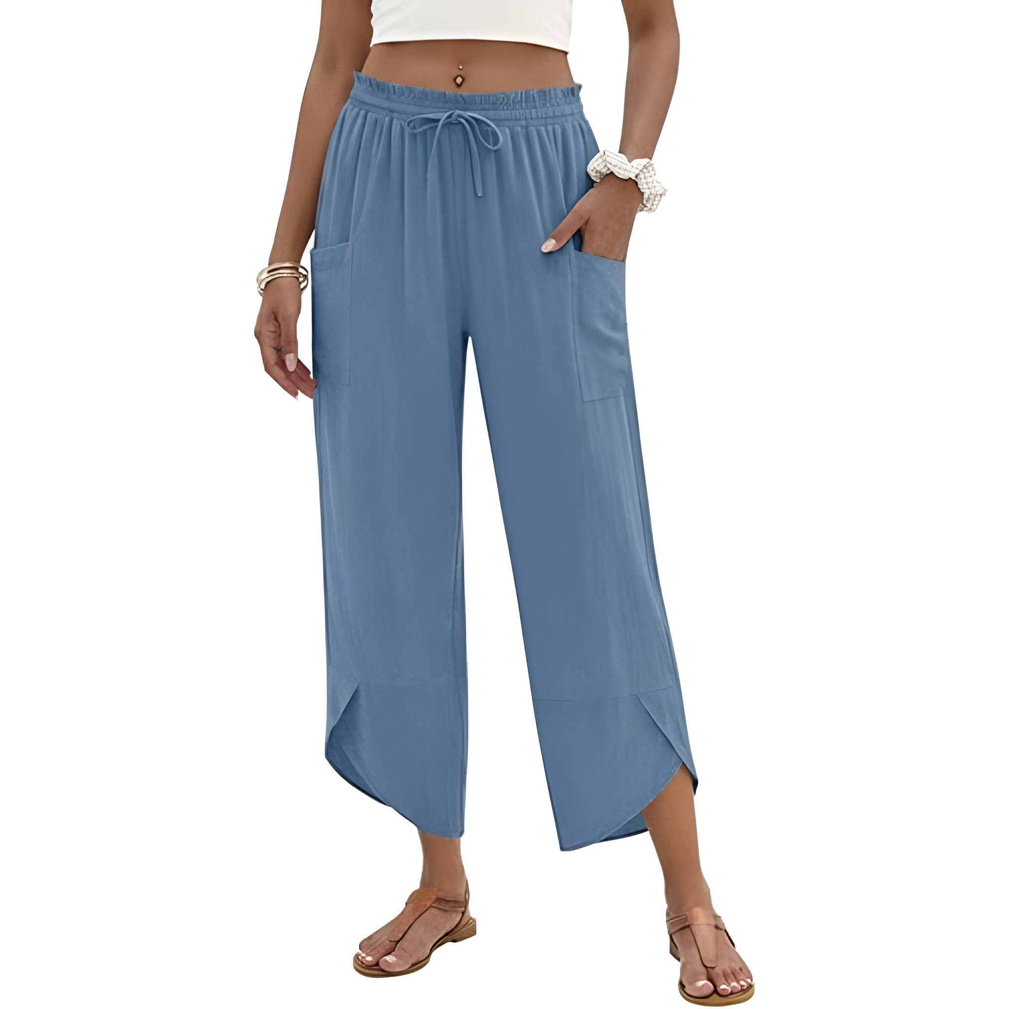 Wide Rise Casual Boho Capri Palazzo Pants For Women With Pockets