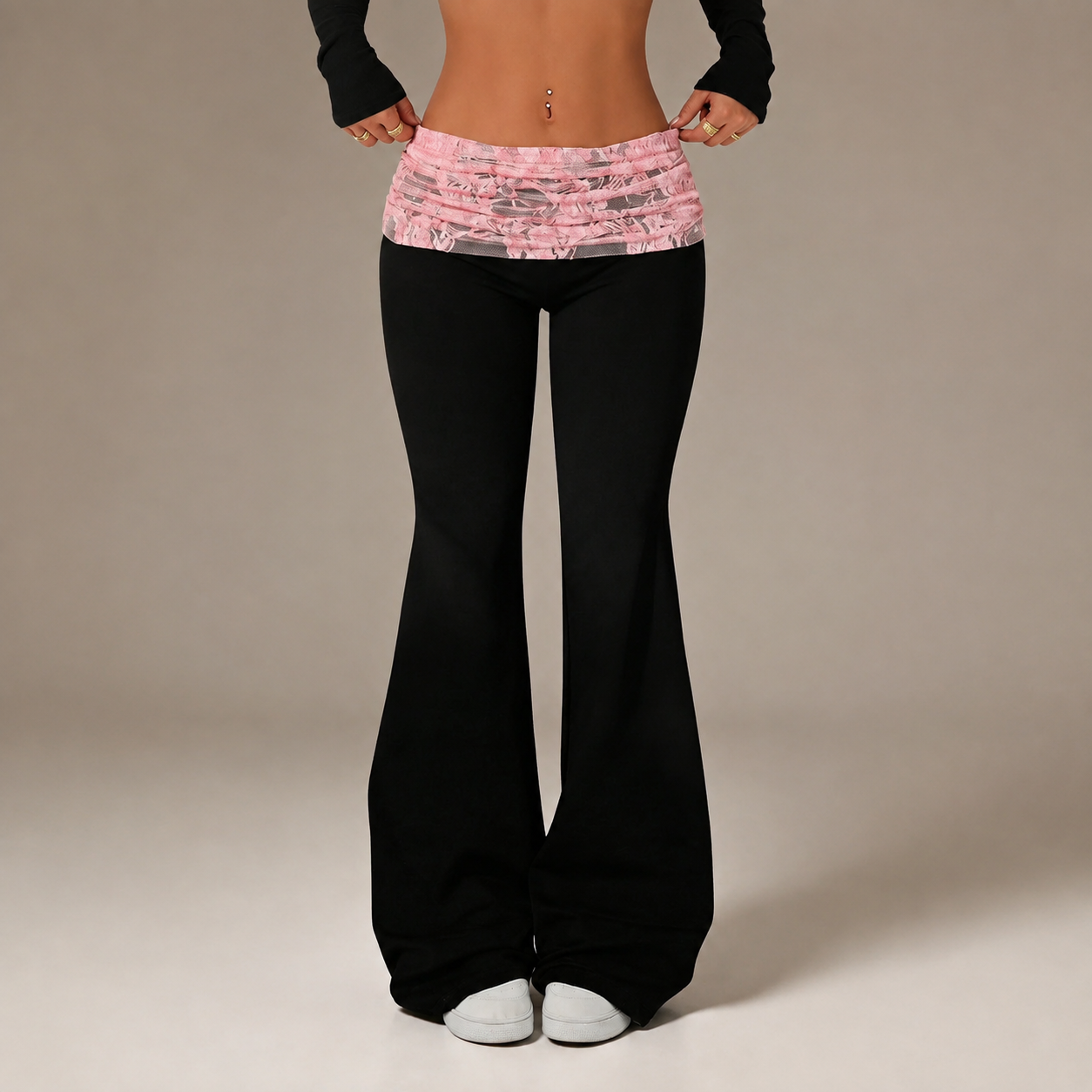 Vintage Style Casual Flared Fold Pants With Stretch Fit For Women