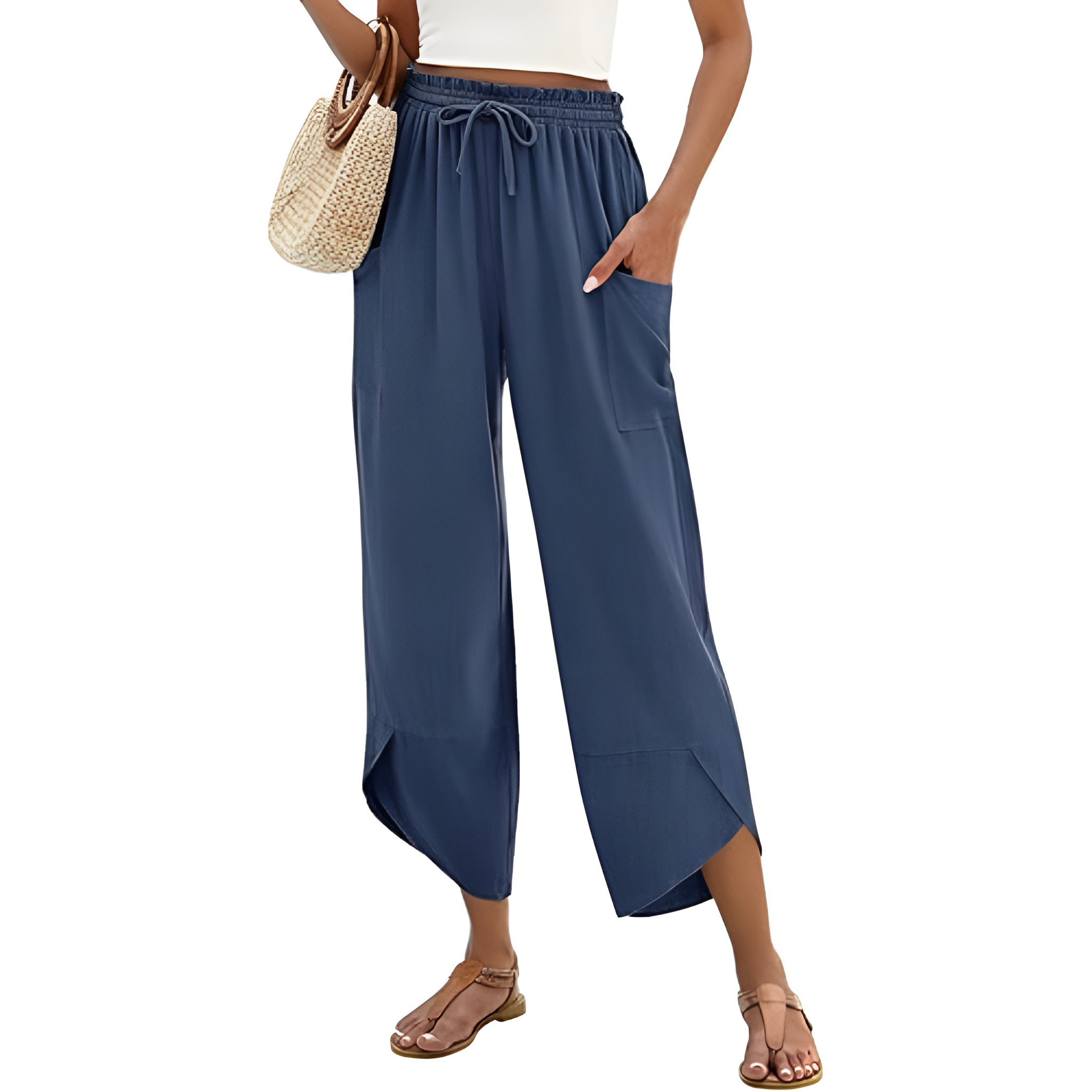 Wide Rise Casual Boho Capri Palazzo Pants For Women With Pockets