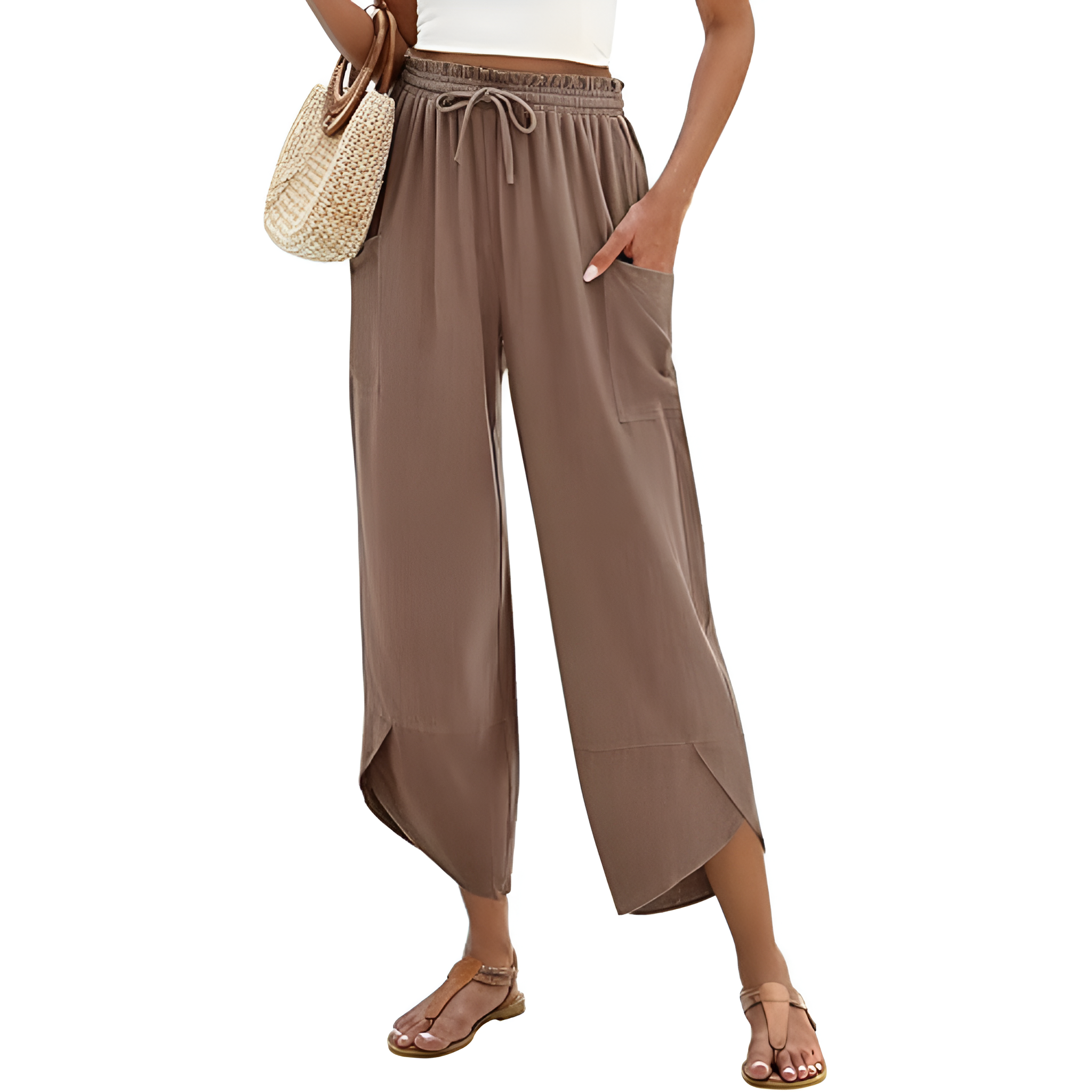 Wide Rise Casual Boho Capri Palazzo Pants For Women With Pockets