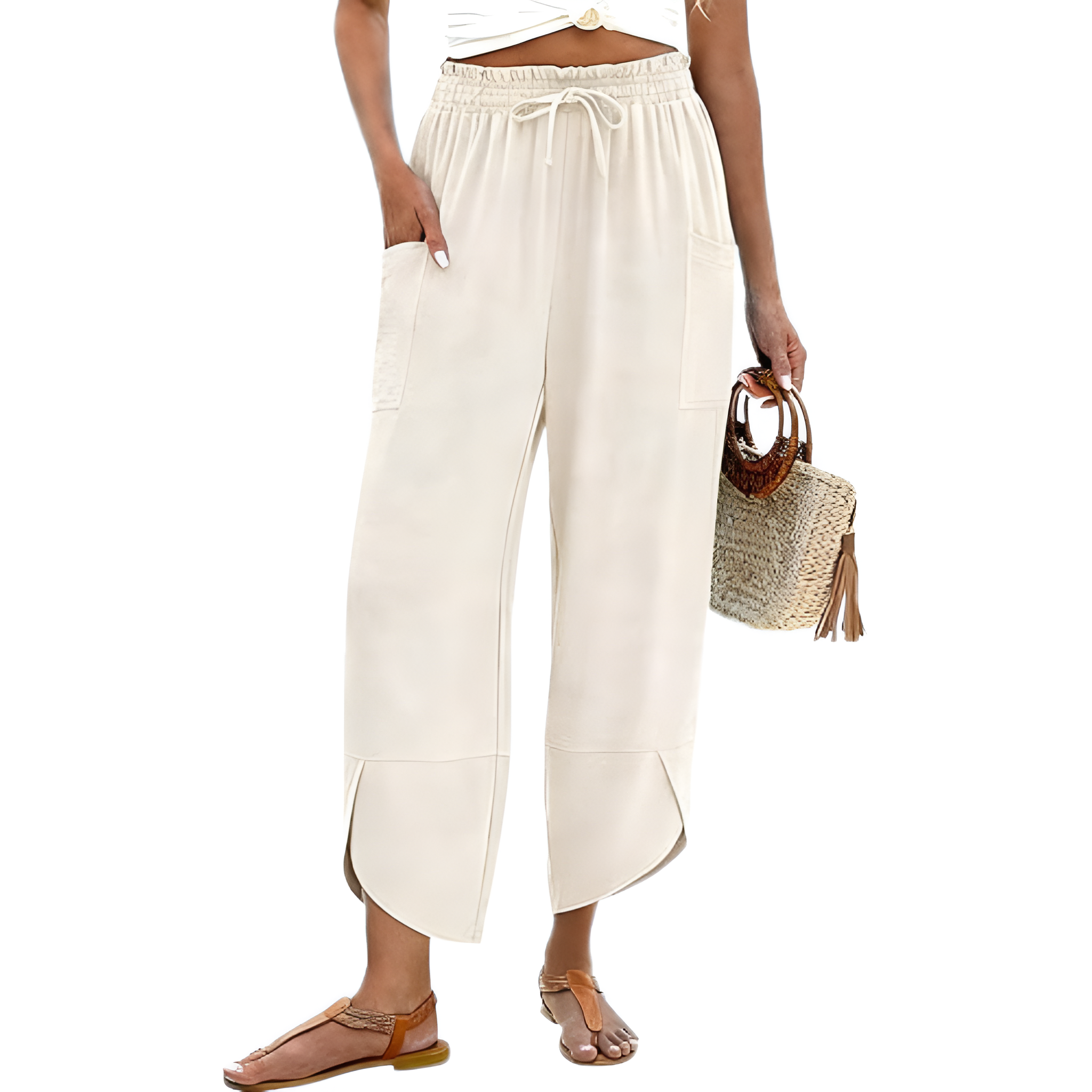 Wide Rise Casual Boho Capri Palazzo Pants For Women With Pockets