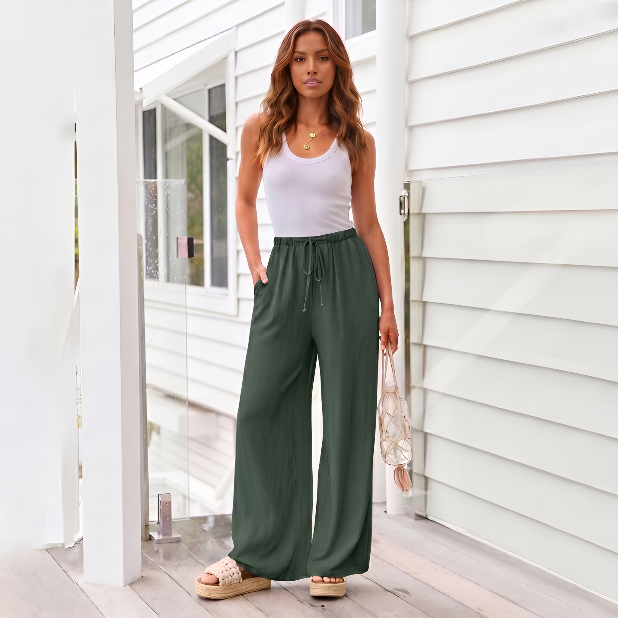 Summer Wide Flowy Beach Palazzo Pants With Pockets For Women