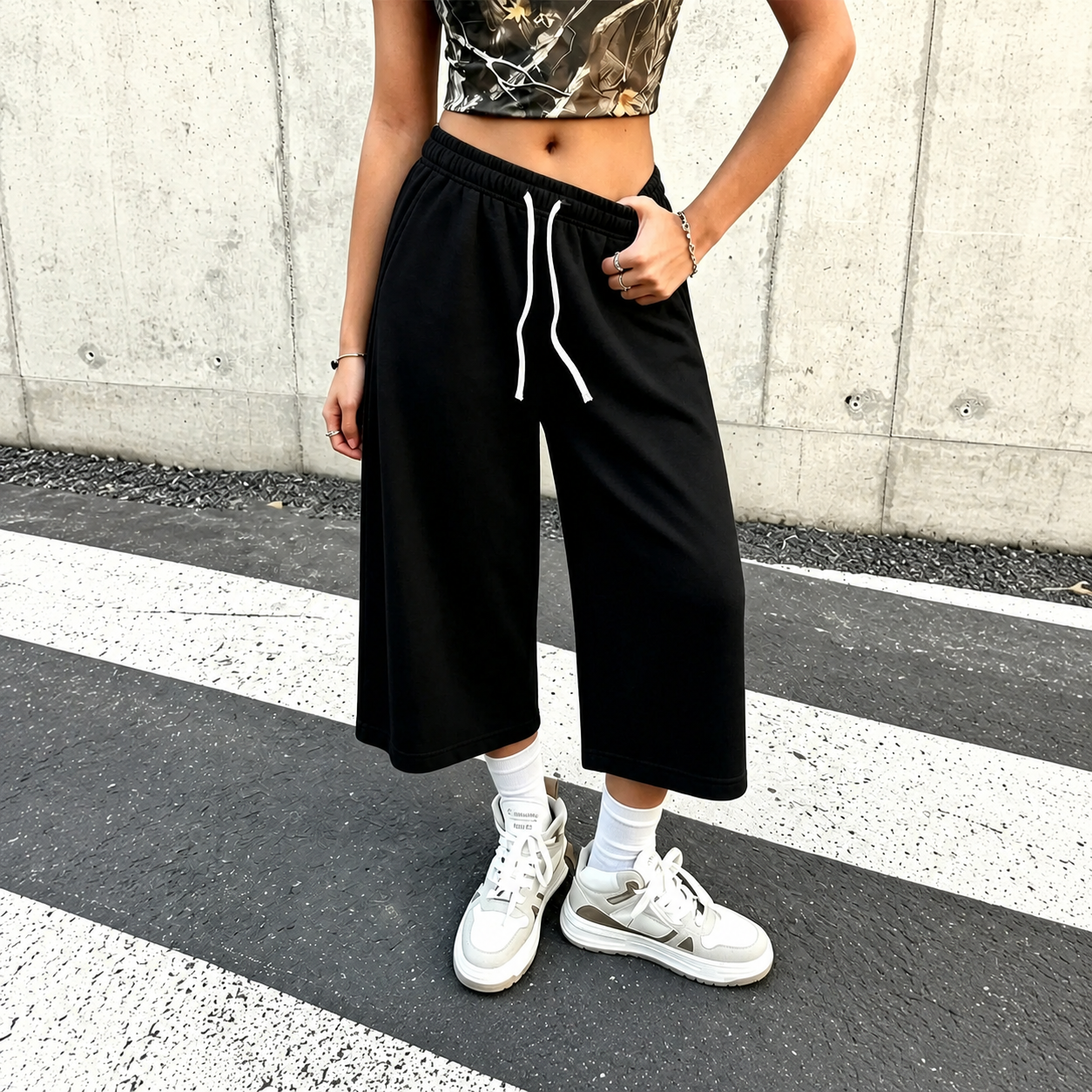 Casual Wide Loose Mid Length Sports Bermuda Lounge Pants With Drawstring For Women