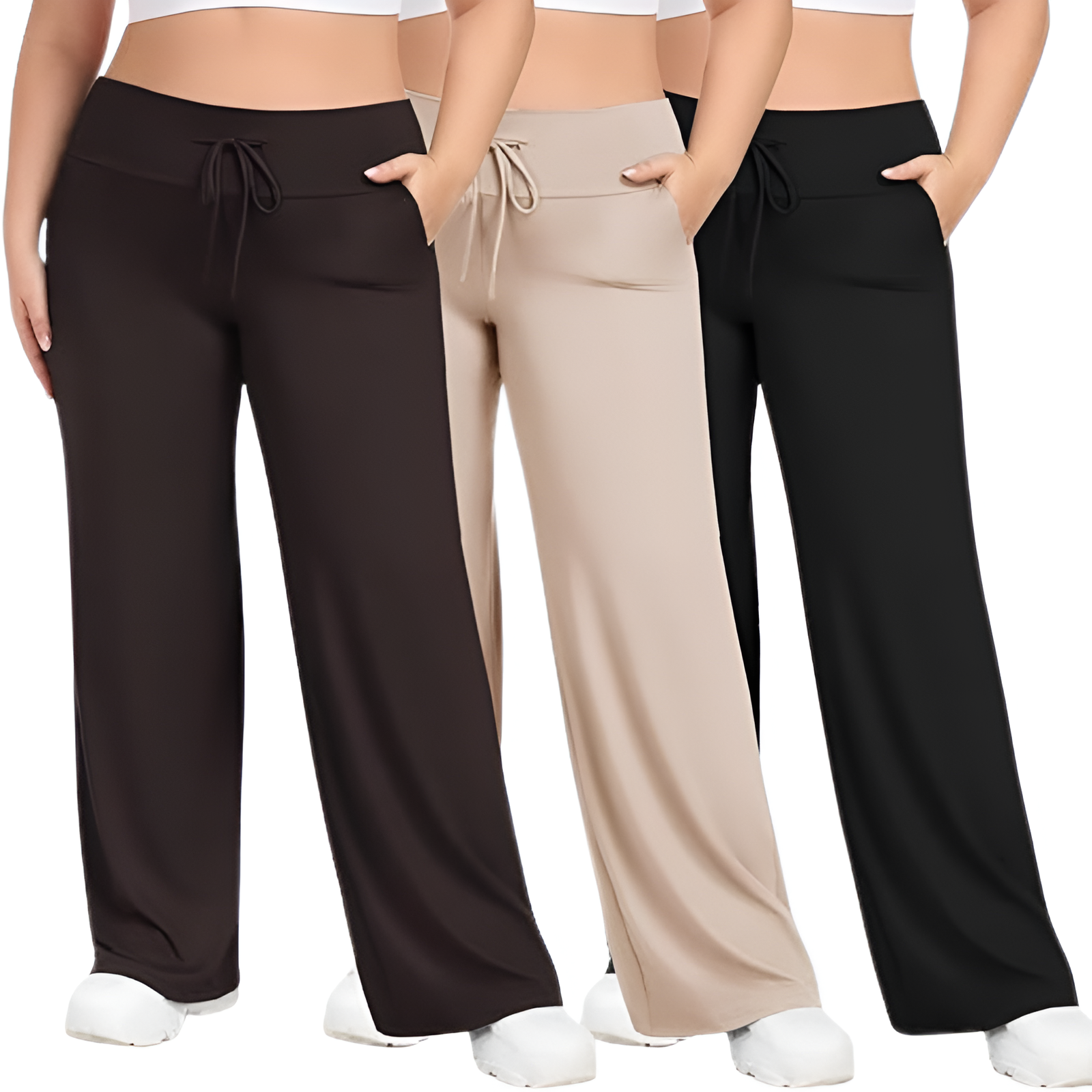 Pack Of 3 Plus Size Lounge Wide Pants For Women With Pockets