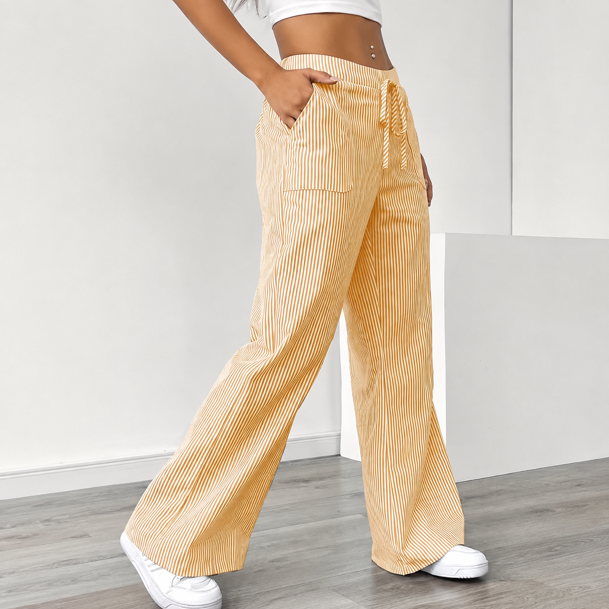Lightweight Striped Loose Fit Wide Casual Pants With Drawstring Pockets For Women