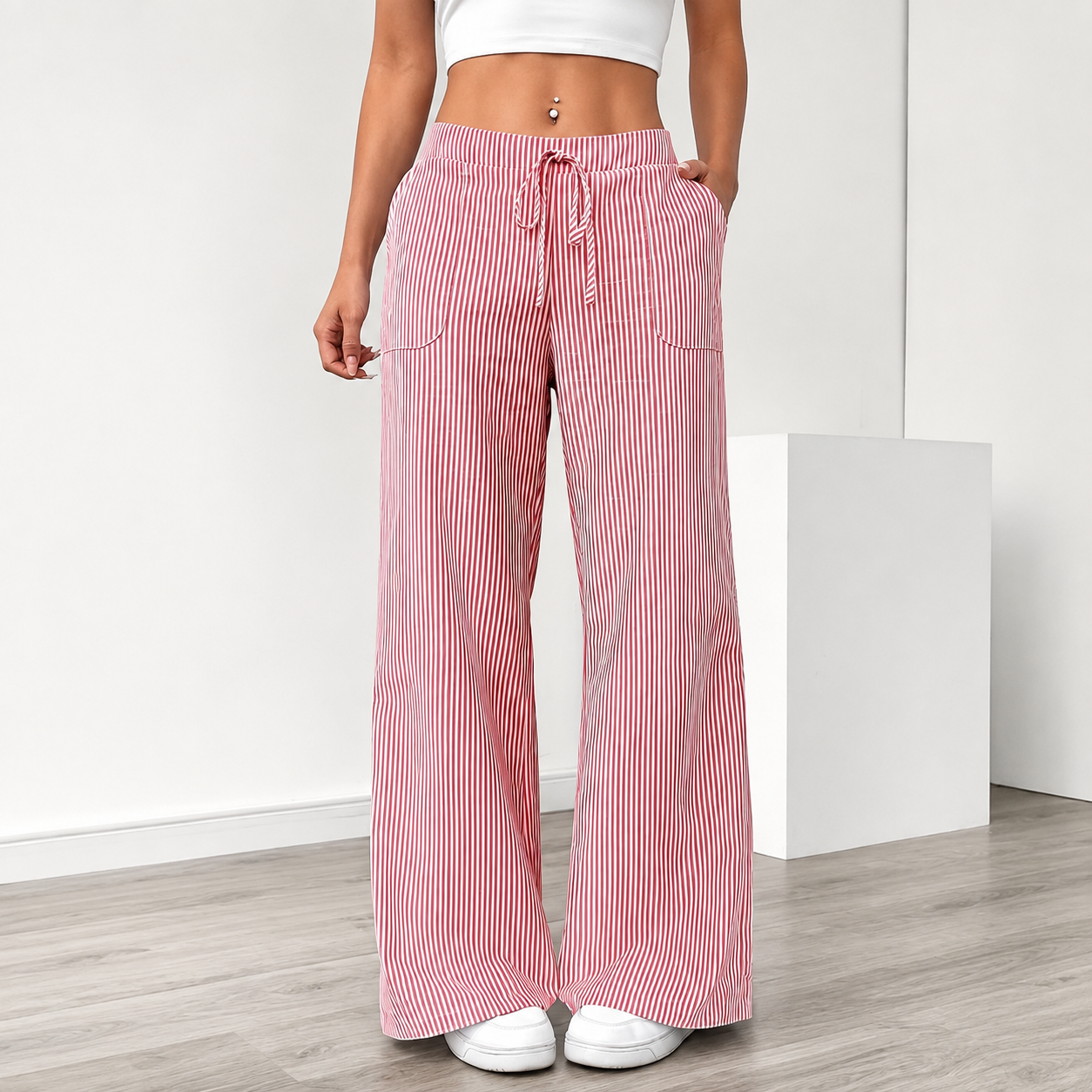 Lightweight Striped Loose Fit Wide Casual Pants With Drawstring Pockets For Women