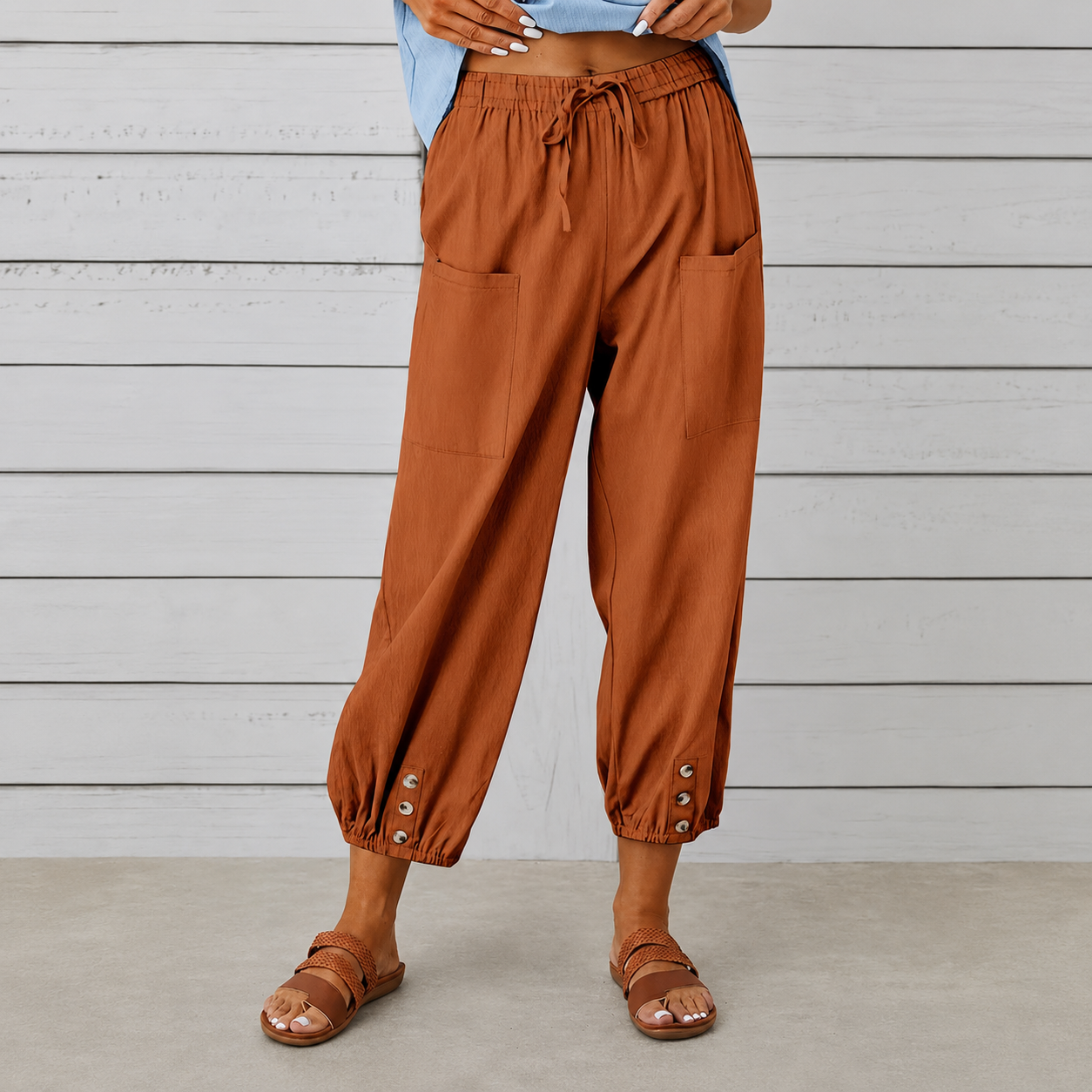 Casual Wide Loose Capri Pants With Drawstring And Pockets For Women