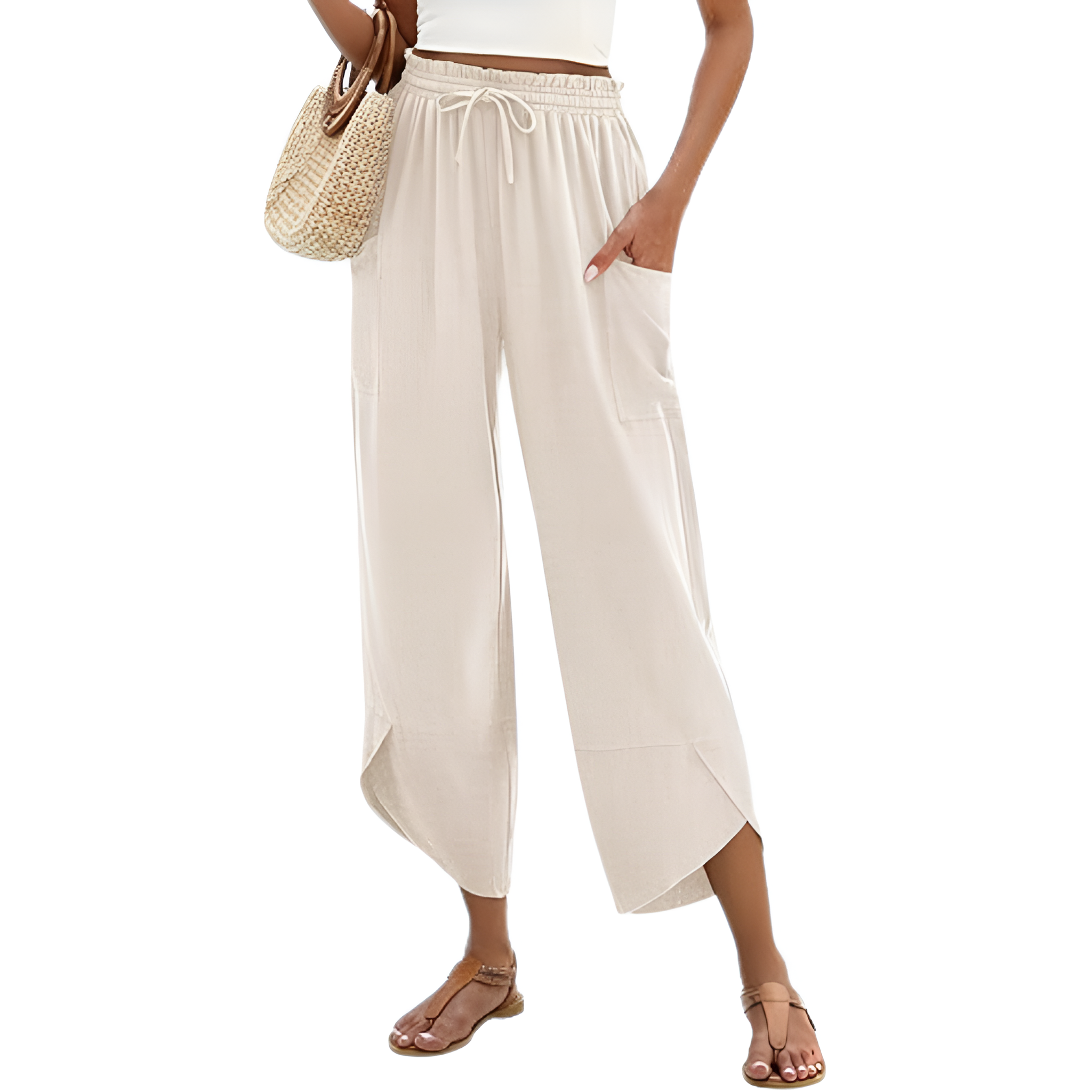 Wide Rise Casual Boho Capri Palazzo Pants For Women With Pockets