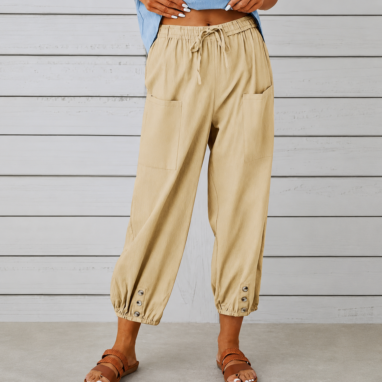 Casual Wide Loose Capri Pants With Drawstring And Pockets For Women