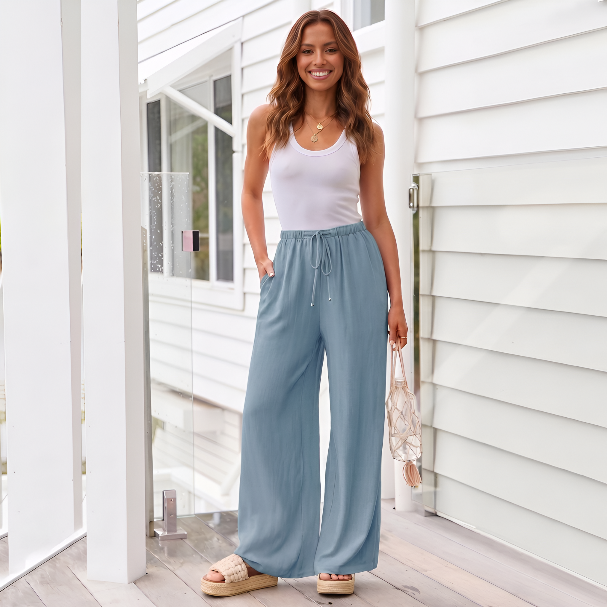 Summer Wide Flowy Beach Palazzo Pants With Pockets For Women