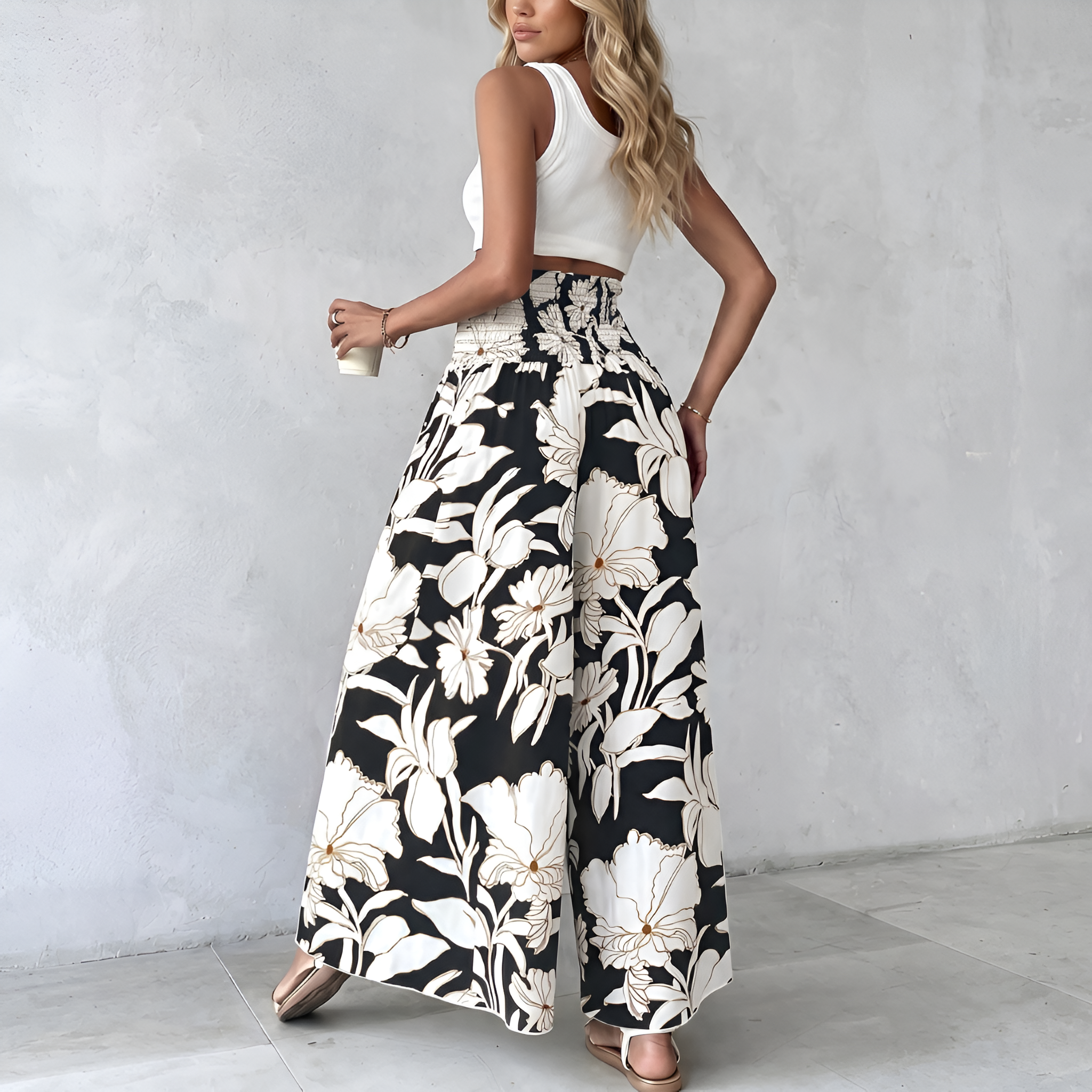 High Rise Boho Print Wide Palazzo Pants For Women