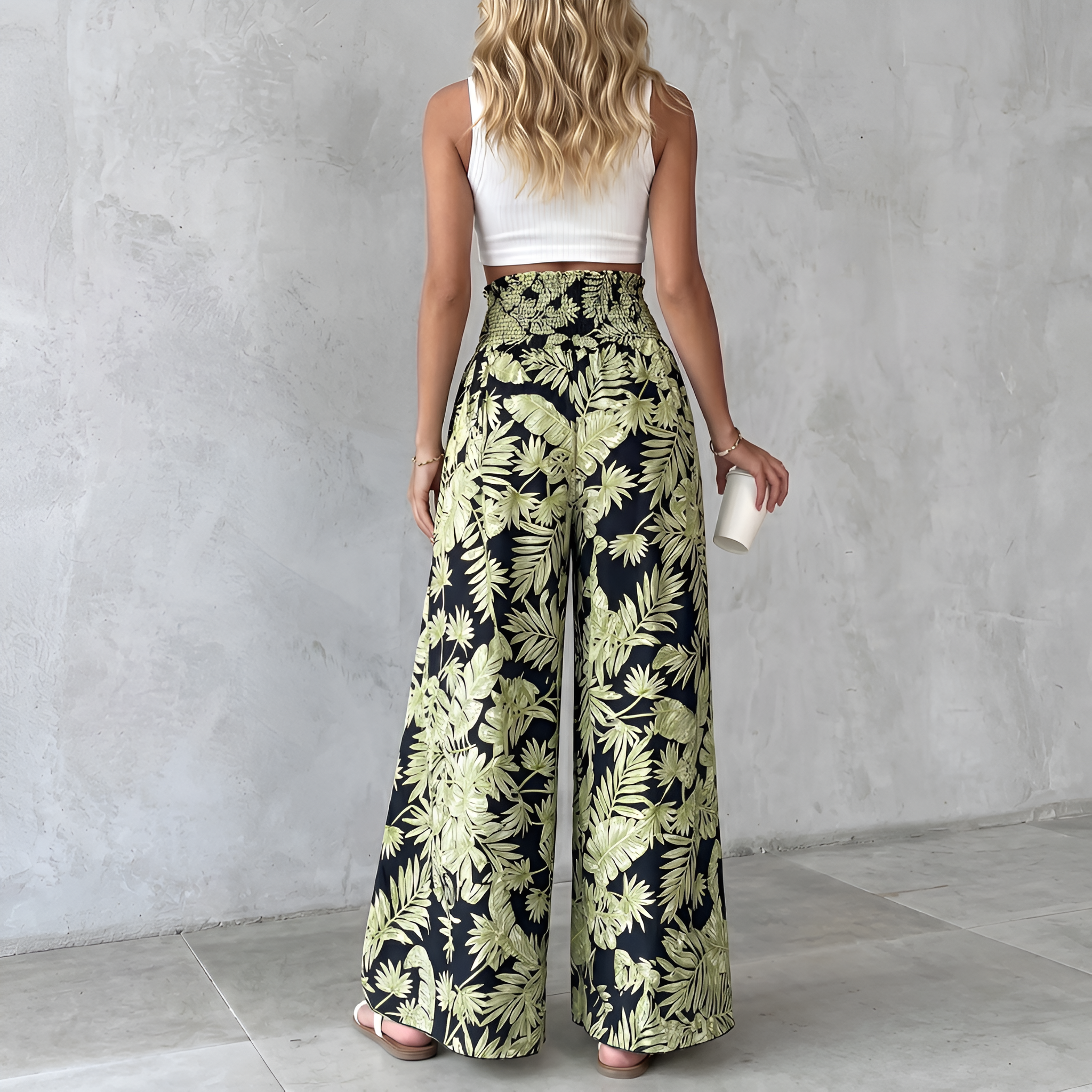 High Rise Boho Print Wide Palazzo Pants For Women