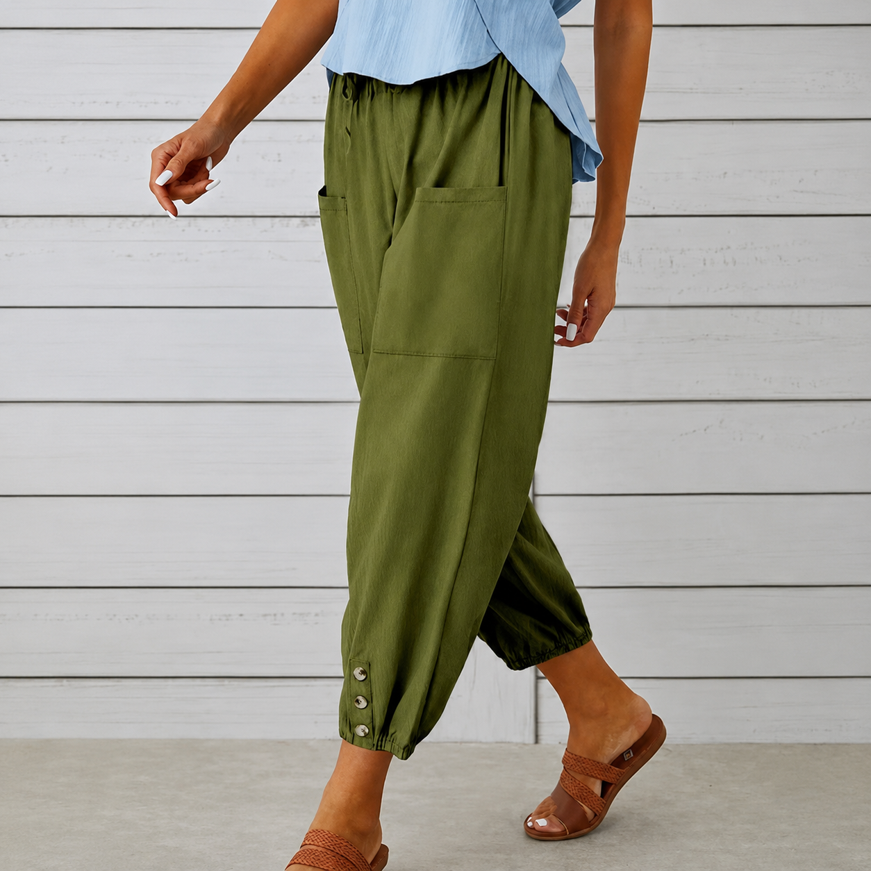 Casual Wide Loose Capri Pants With Drawstring And Pockets For Women