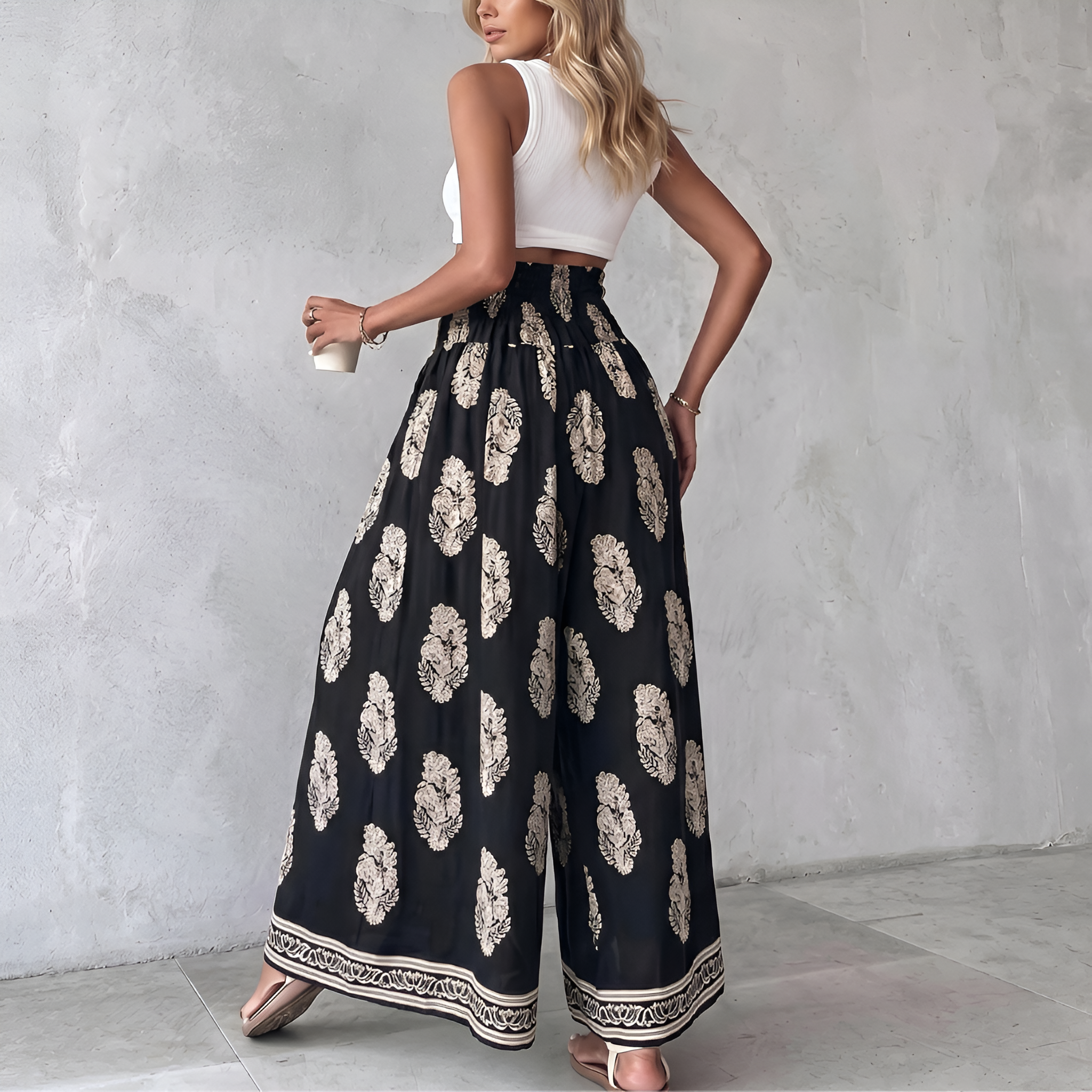 High Rise Boho Print Wide Palazzo Pants For Women