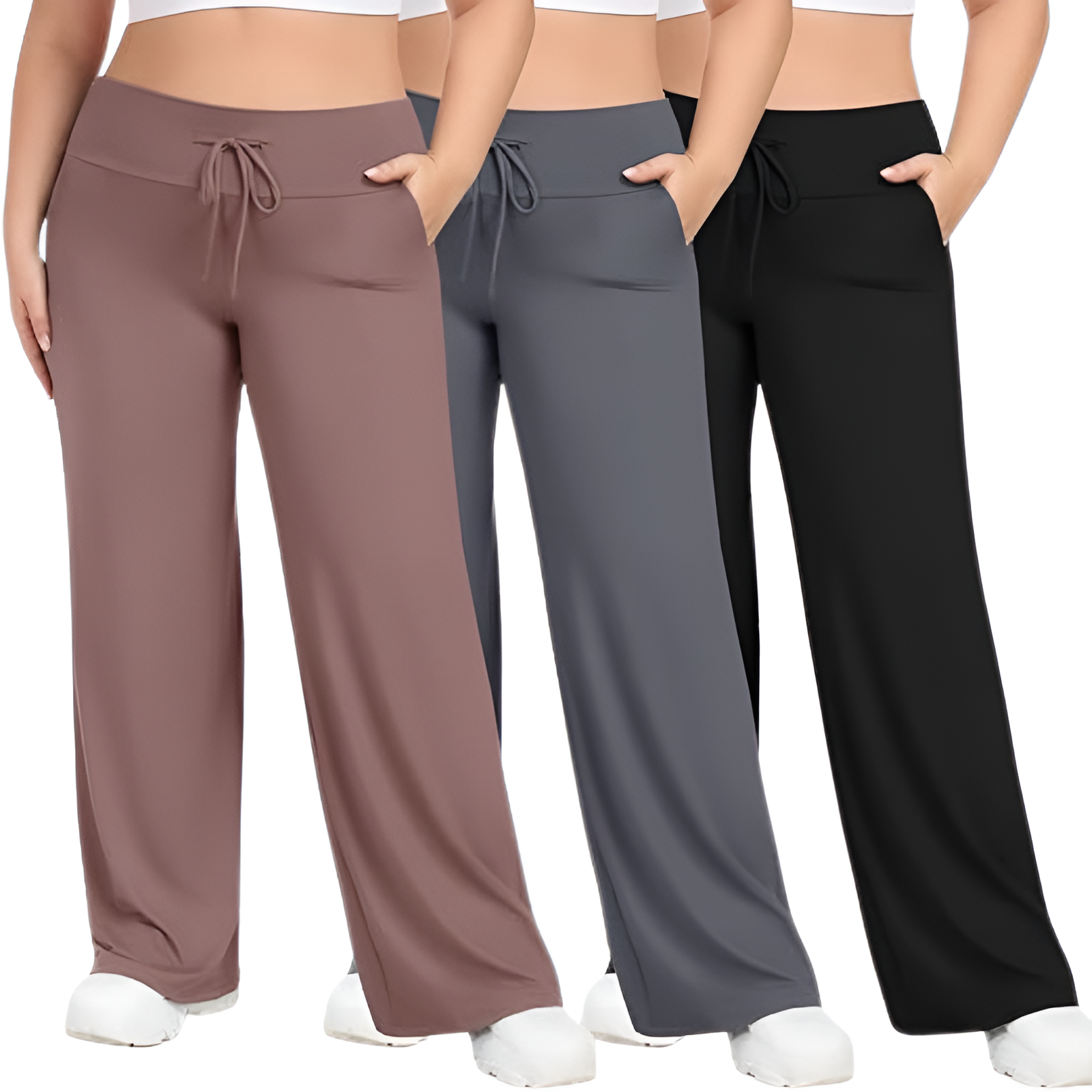 Pack Of 3 Plus Size Lounge Wide Pants For Women With Pockets