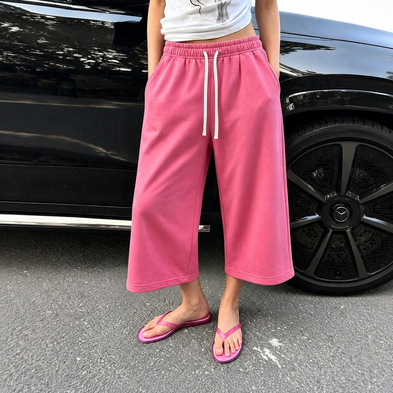 Casual Wide Loose Mid Length Sports Bermuda Lounge Pants With Drawstring For Women