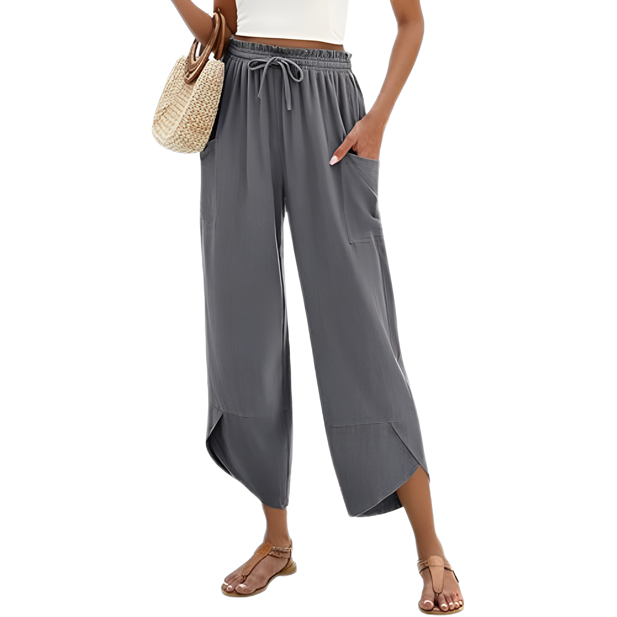 Wide Rise Casual Boho Capri Palazzo Pants For Women With Pockets