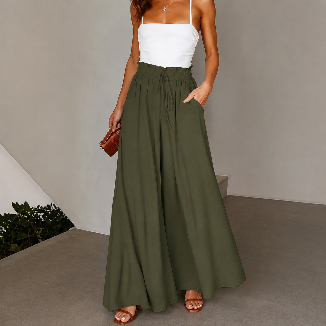 Loose Fit High Rise Wide Drawstring Pants With Pockets For Women