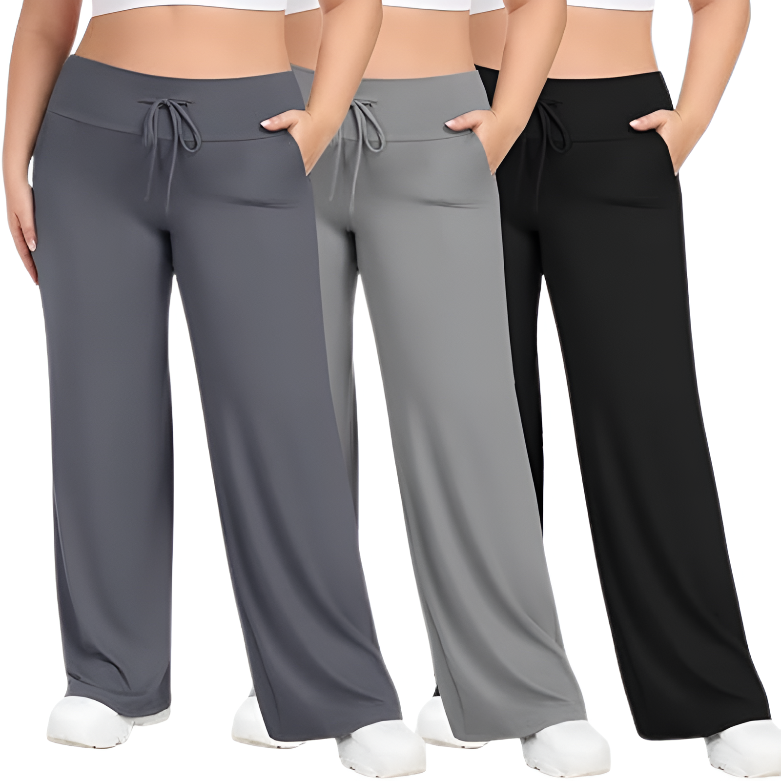 Pack Of 3 Plus Size Lounge Wide Pants For Women With Pockets