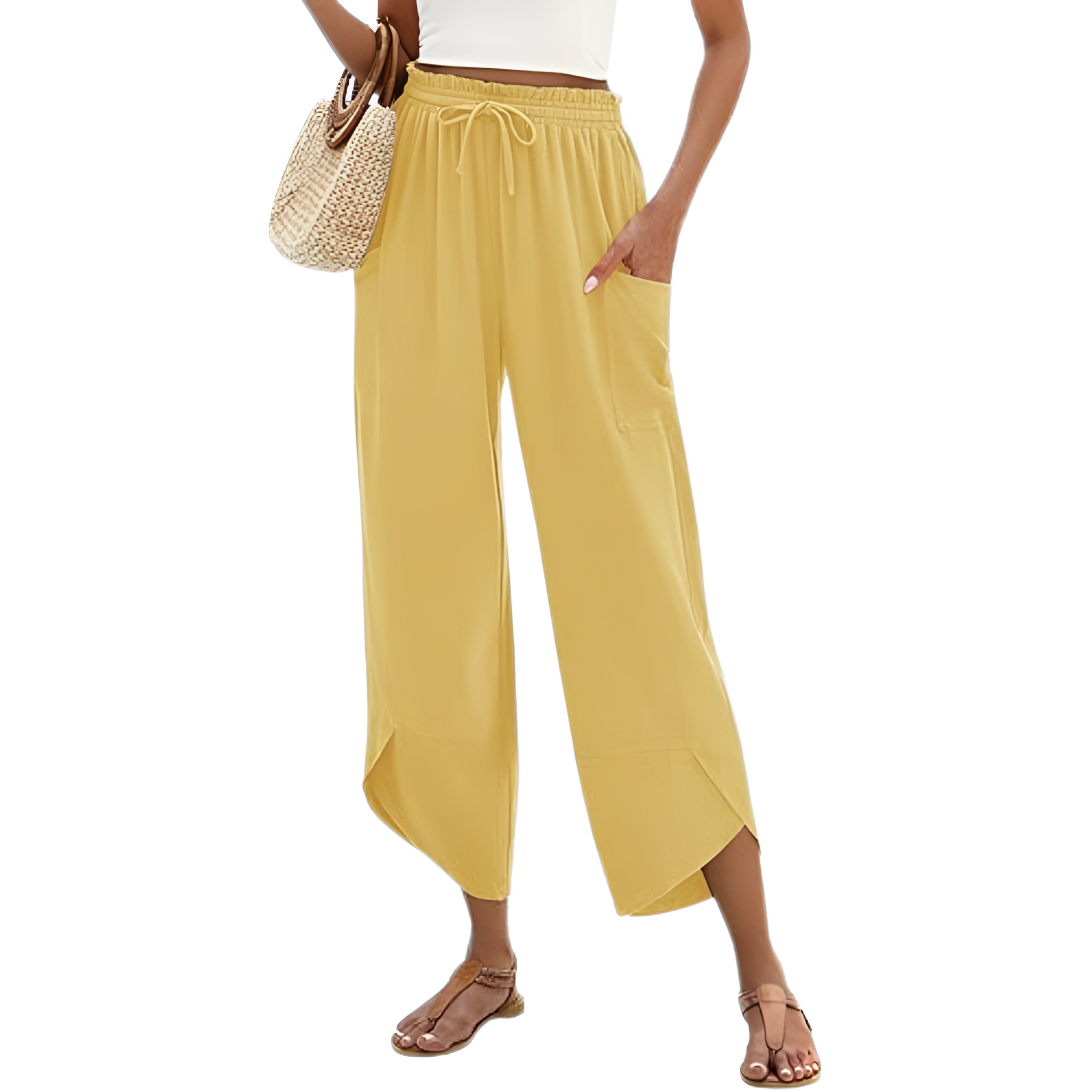 Wide Rise Casual Boho Capri Palazzo Pants For Women With Pockets