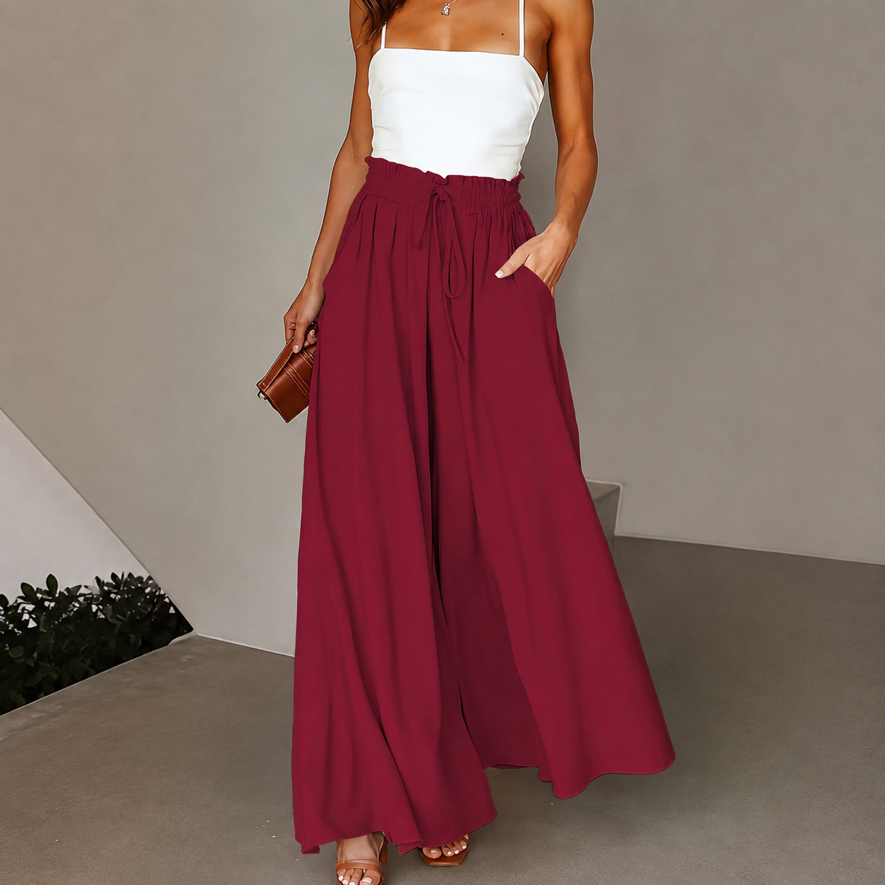 Loose Fit High Rise Wide Drawstring Pants With Pockets For Women