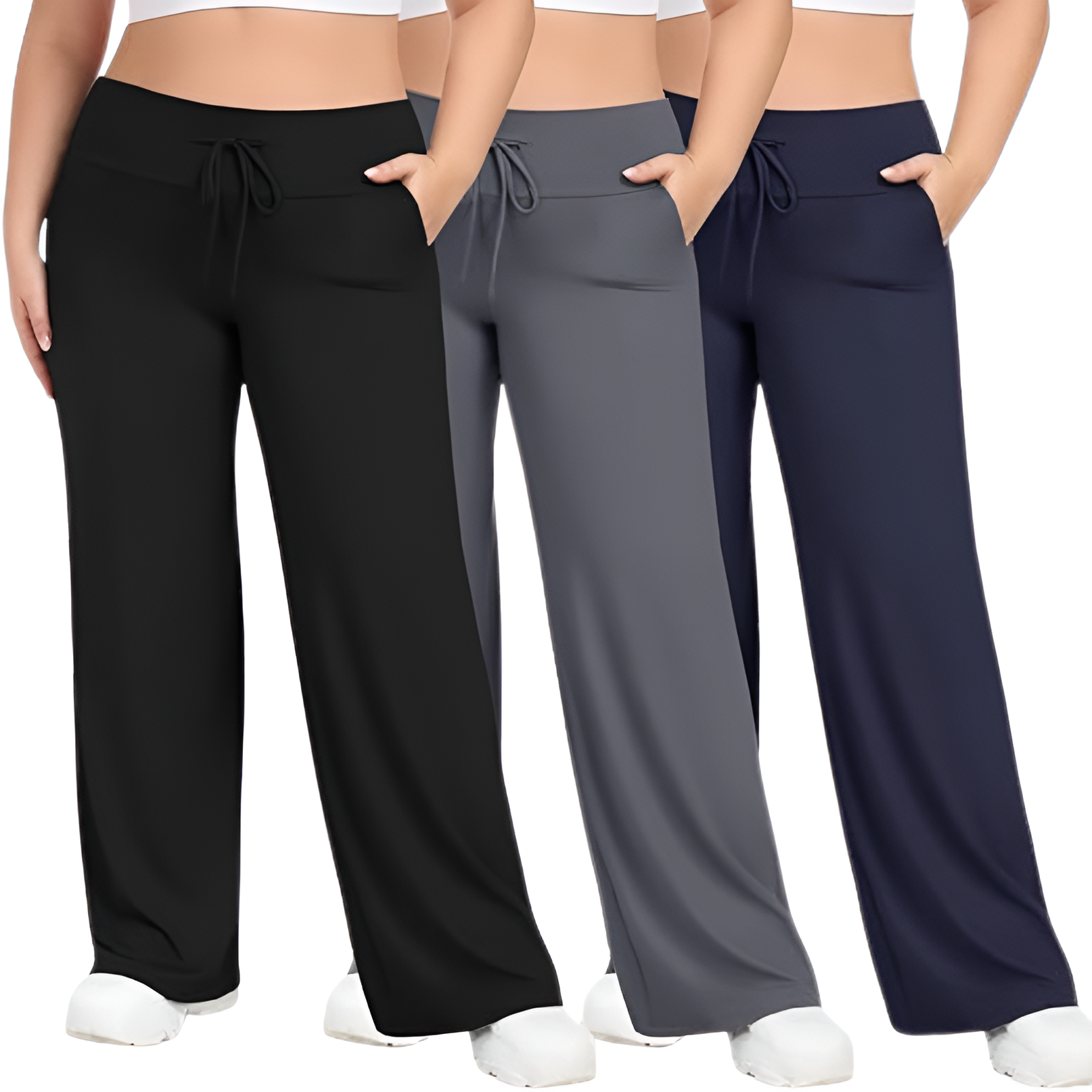 Pack Of 3 Plus Size Lounge Wide Pants For Women With Pockets
