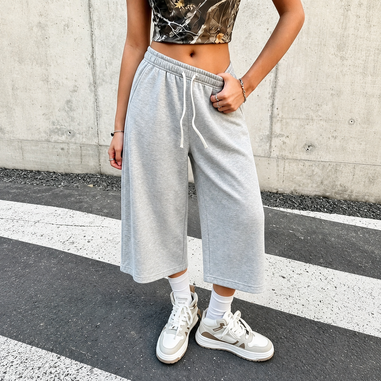 Casual Wide Loose Mid Length Sports Bermuda Lounge Pants With Drawstring For Women