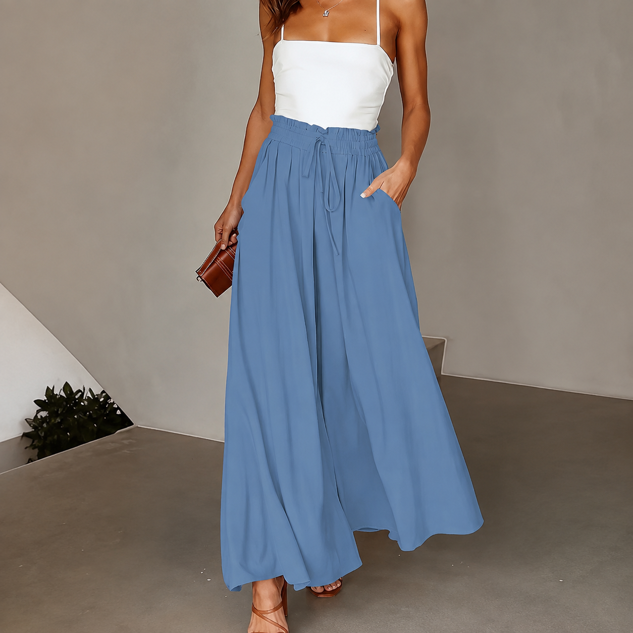 Loose Fit High Rise Wide Drawstring Pants With Pockets For Women