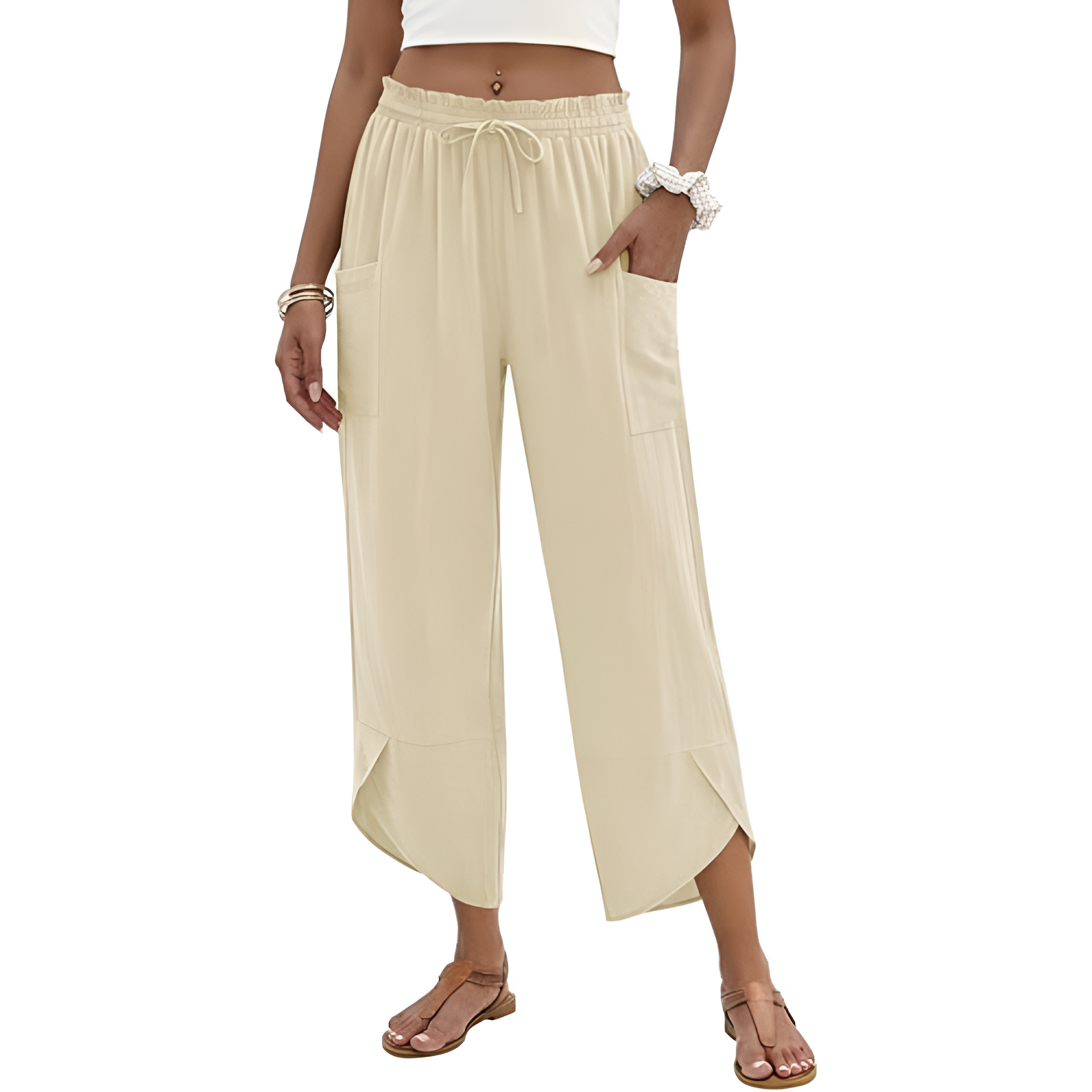 Wide Rise Casual Boho Capri Palazzo Pants For Women With Pockets