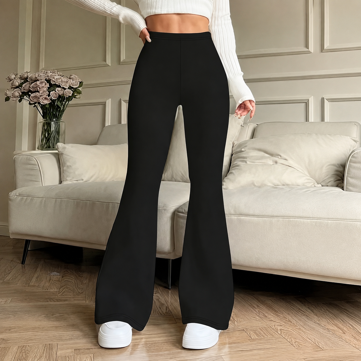 High Rise Solid Wide Flared Pants For Women Casual Wear