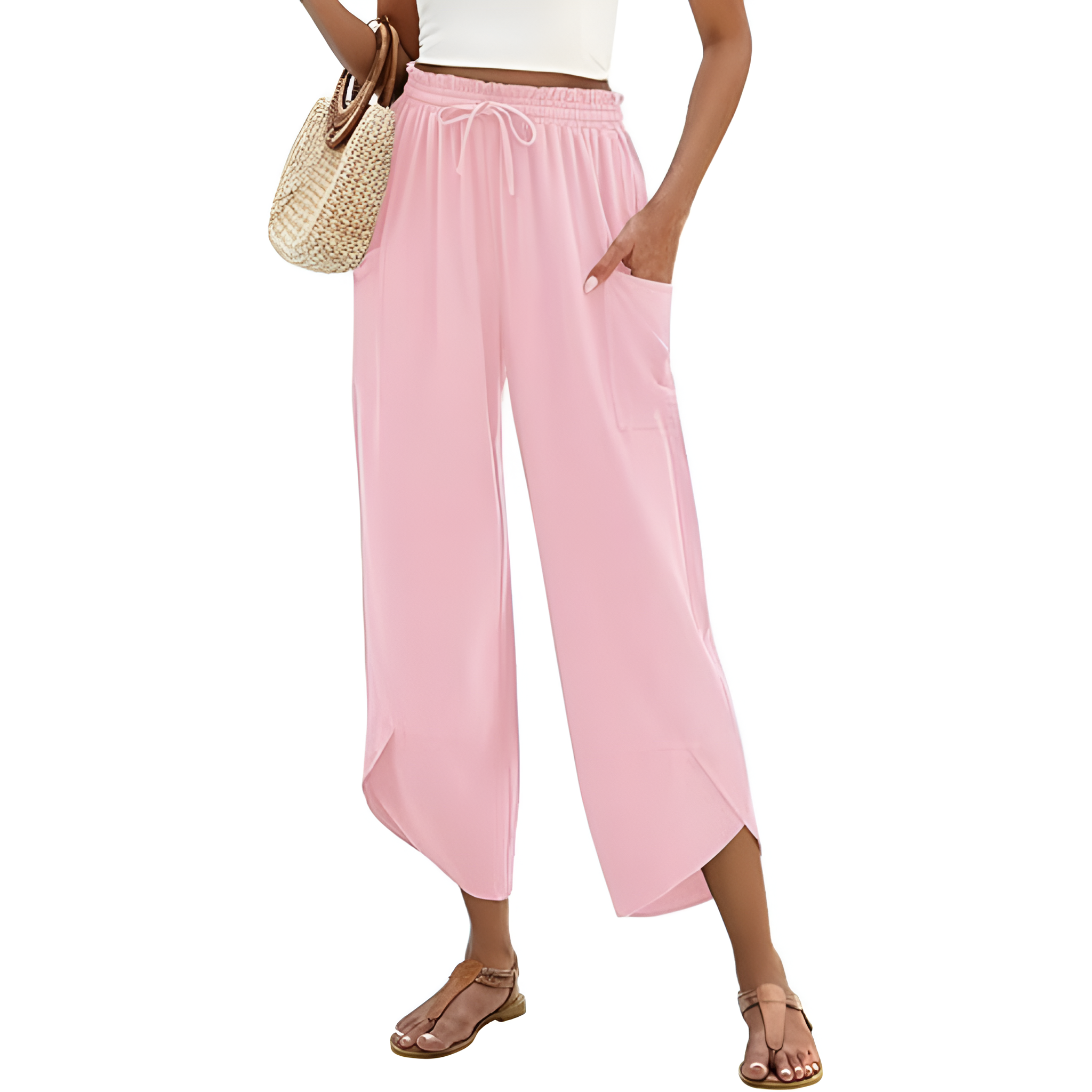 Wide Rise Casual Boho Capri Palazzo Pants For Women With Pockets