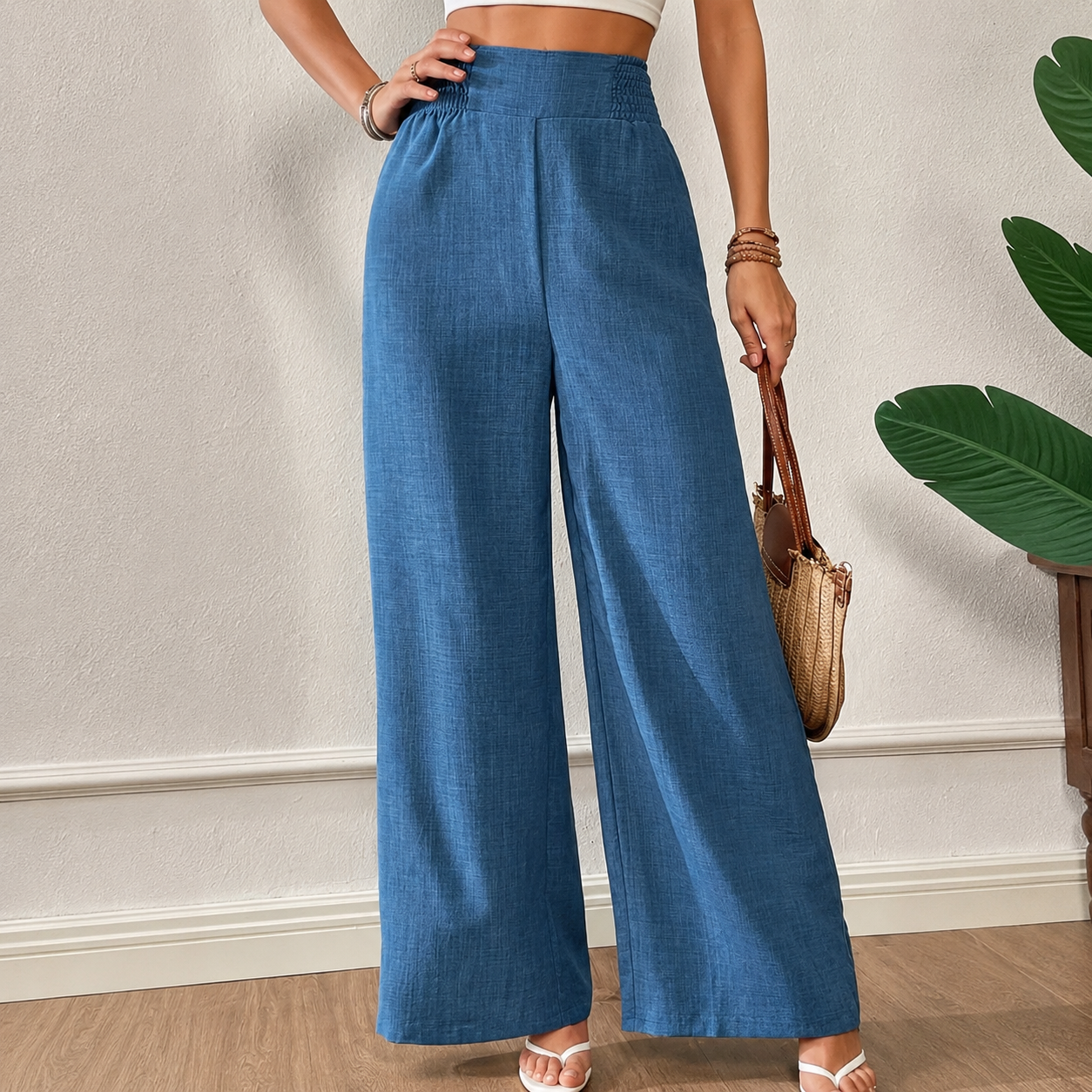 High Rise Wide Fit Pull On Casual Pants For Women