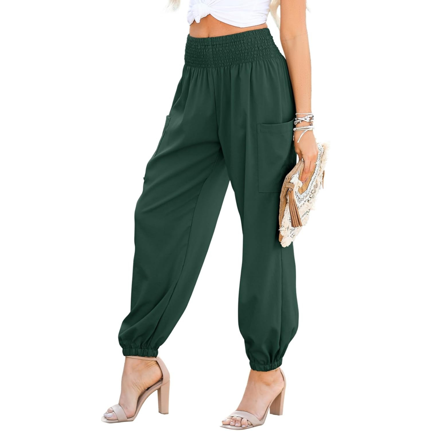 Casual Boho Summer Business Smocked High Long Cargo Pants For Women with PocketsSmocked Casual Lounge Boho Pants With Pockets For Women - Image 14