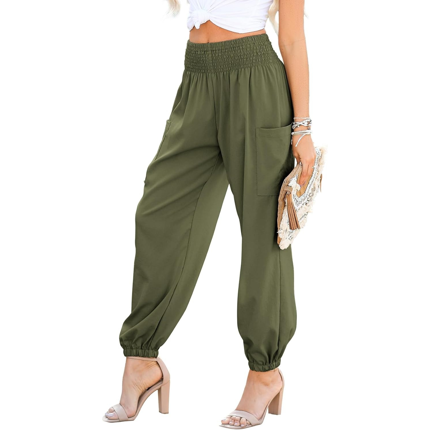 Casual Boho Summer Business Smocked High Long Cargo Pants For Women with PocketsSmocked Casual Lounge Boho Pants With Pockets For Women - Image 15