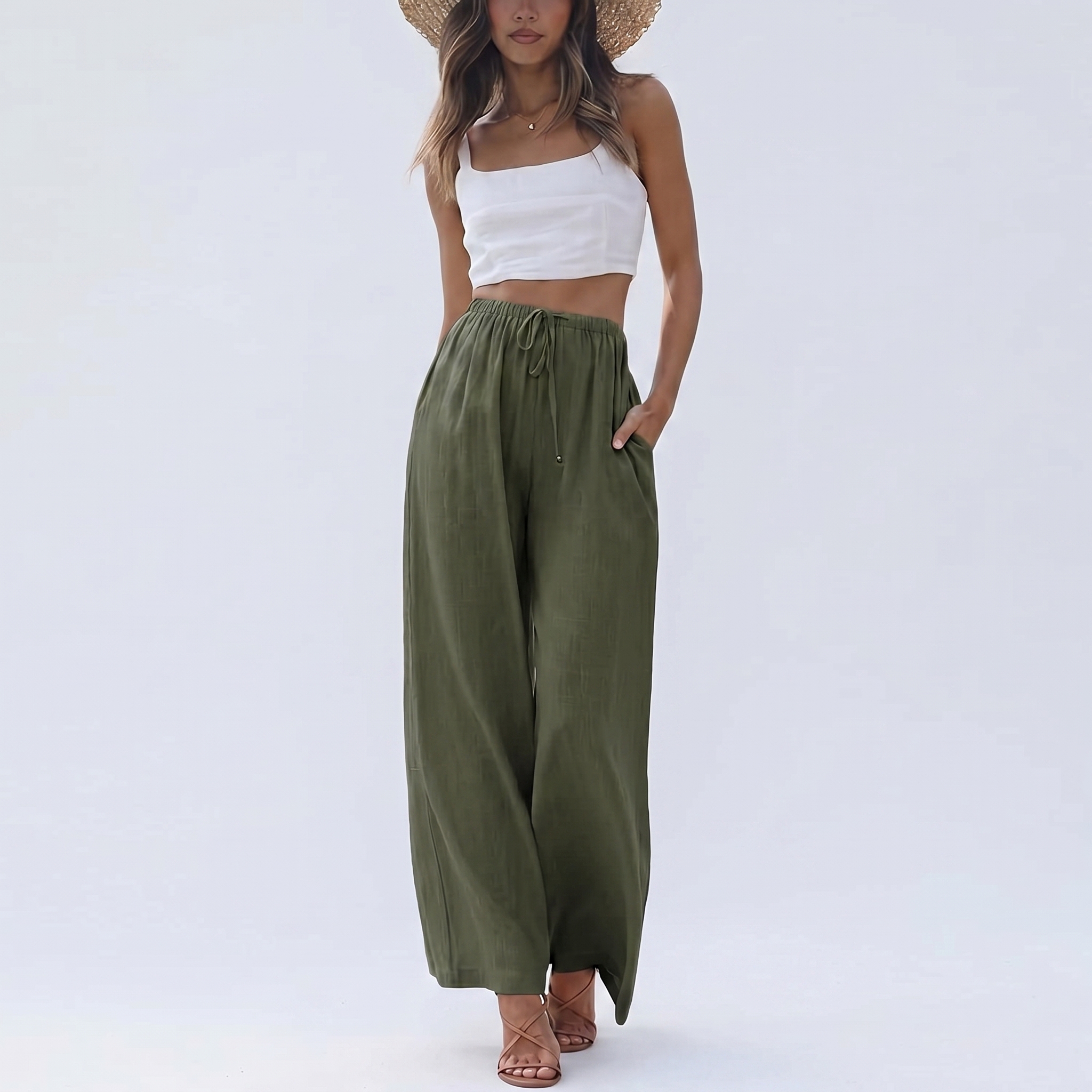 Cotton Linen Summer Wide Beach Palazzo Pants Pockets For Women