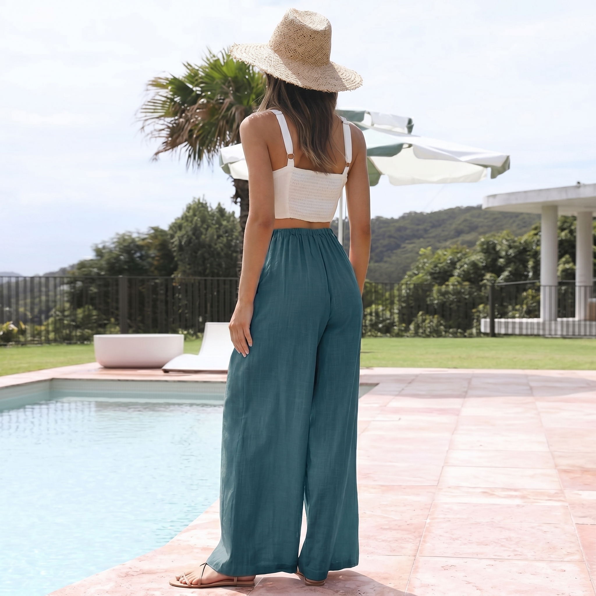 Cotton Linen Summer Wide Beach Palazzo Pants Pockets For Women