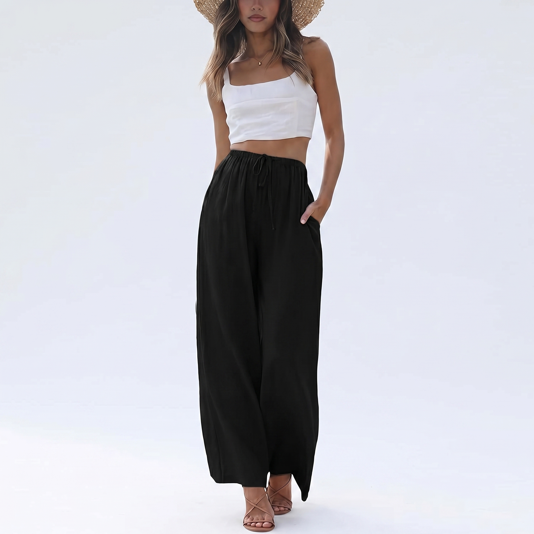 Cotton Linen Summer Wide Beach Palazzo Pants Pockets For Women