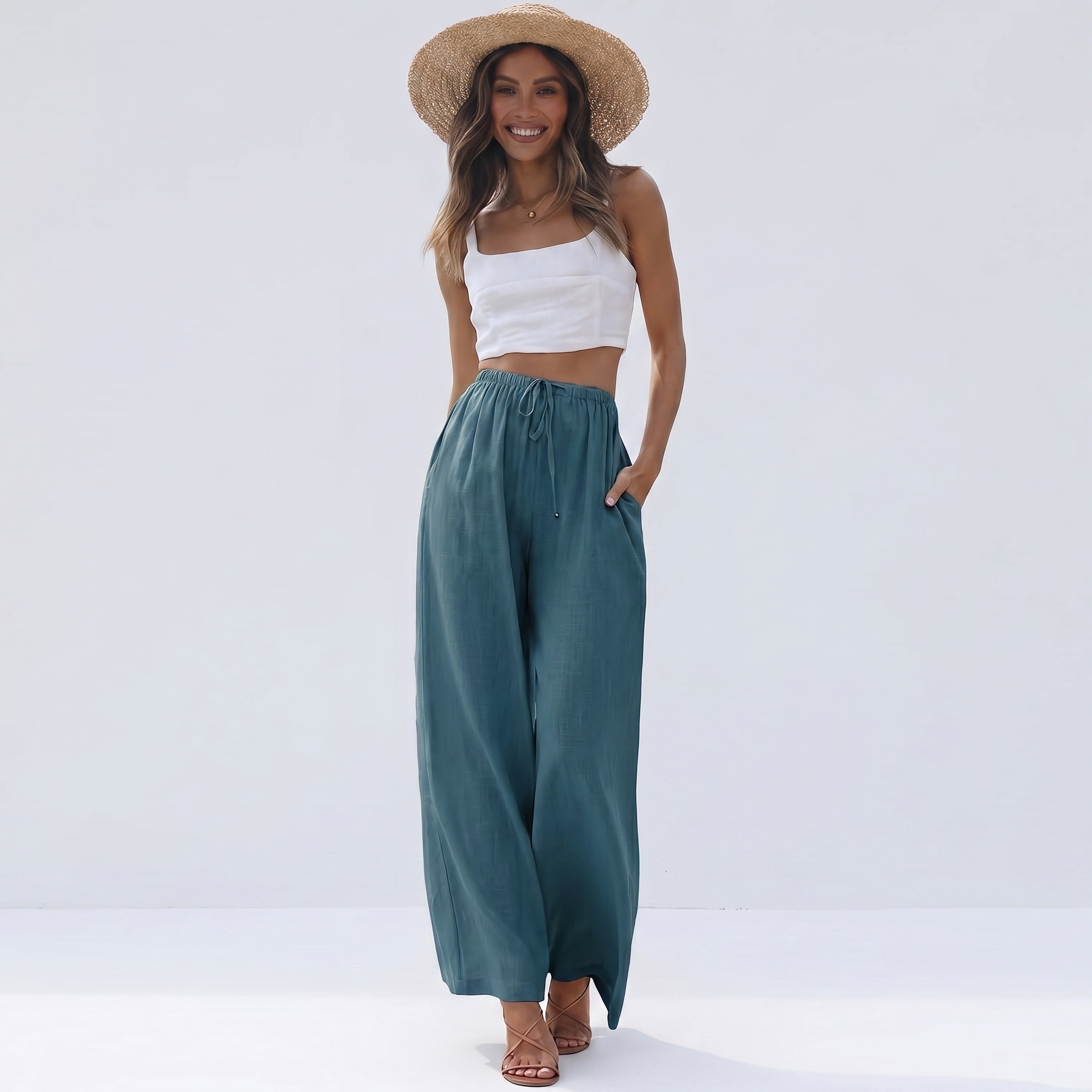 Cotton Linen Summer Wide Beach Palazzo Pants Pockets For Women