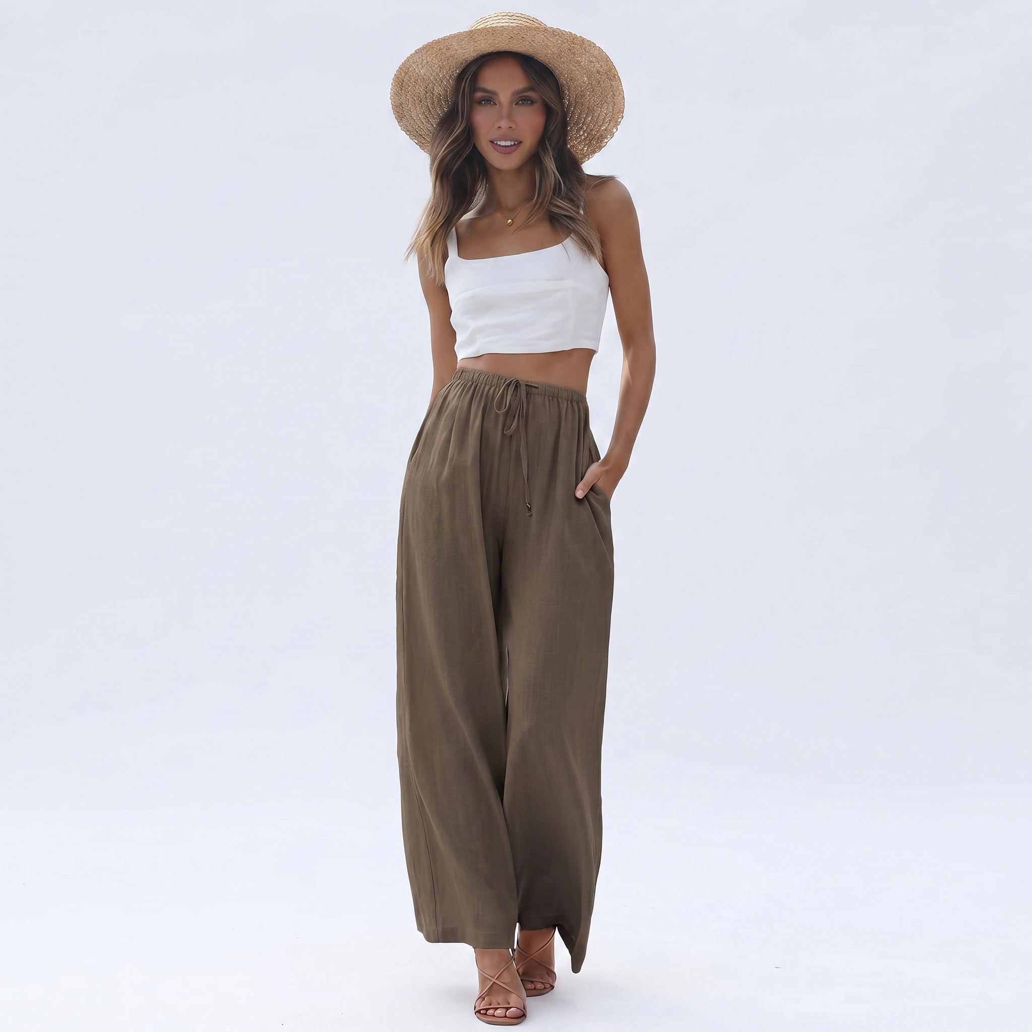Cotton Linen Summer Wide Beach Palazzo Pants Pockets For Women