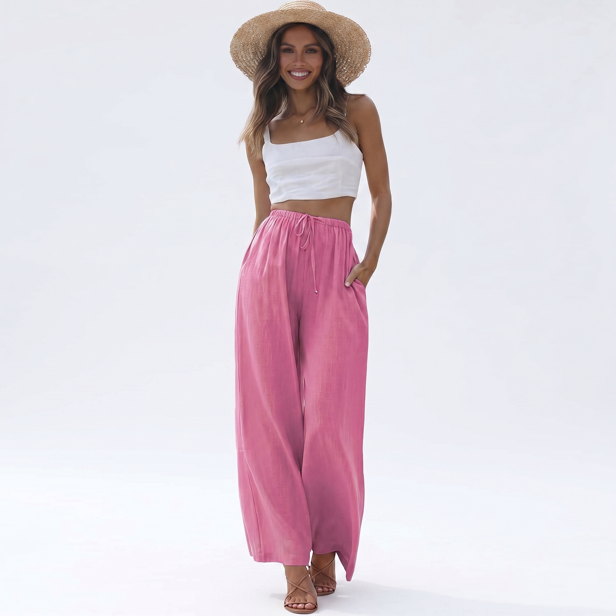 Cotton Linen Summer Wide Beach Palazzo Pants Pockets For Women