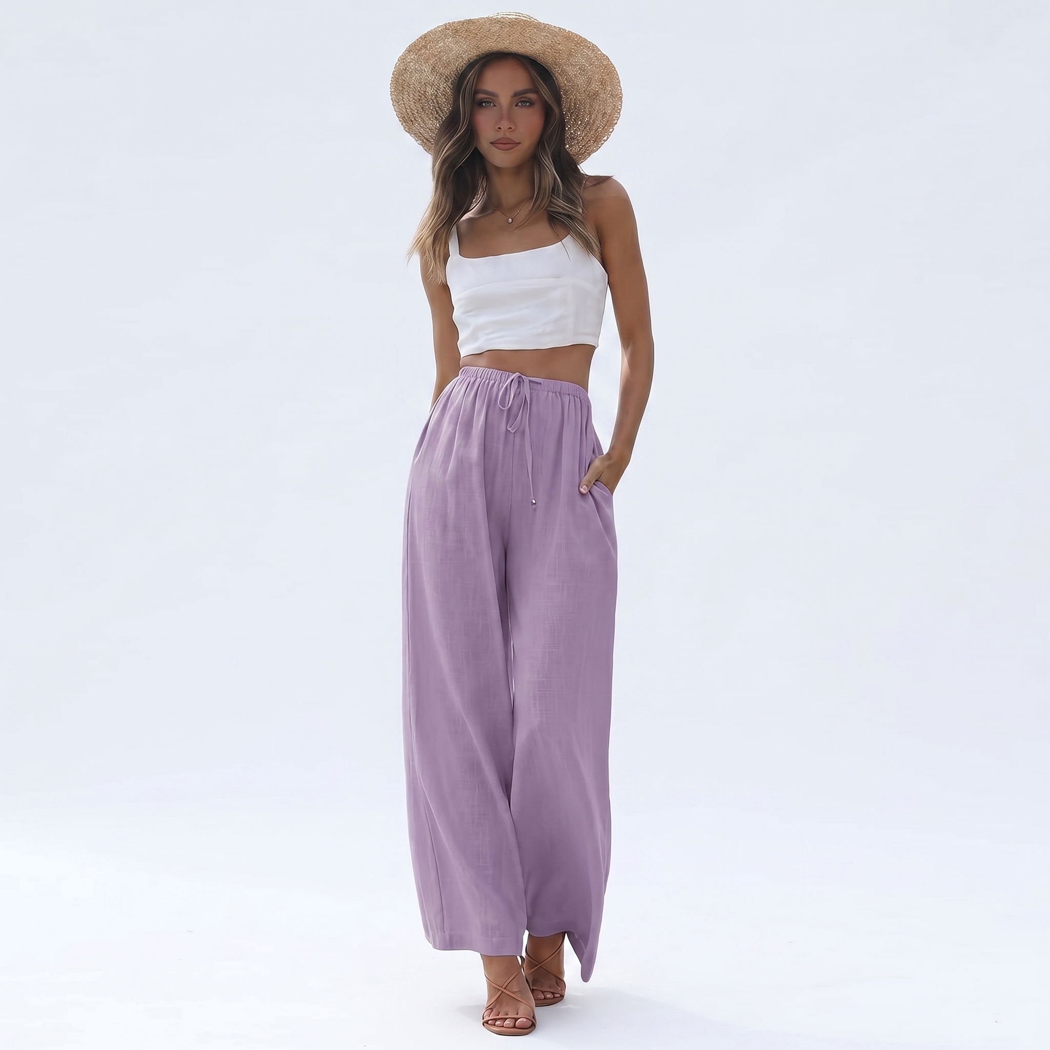 Cotton Linen Summer Wide Beach Palazzo Pants Pockets For Women