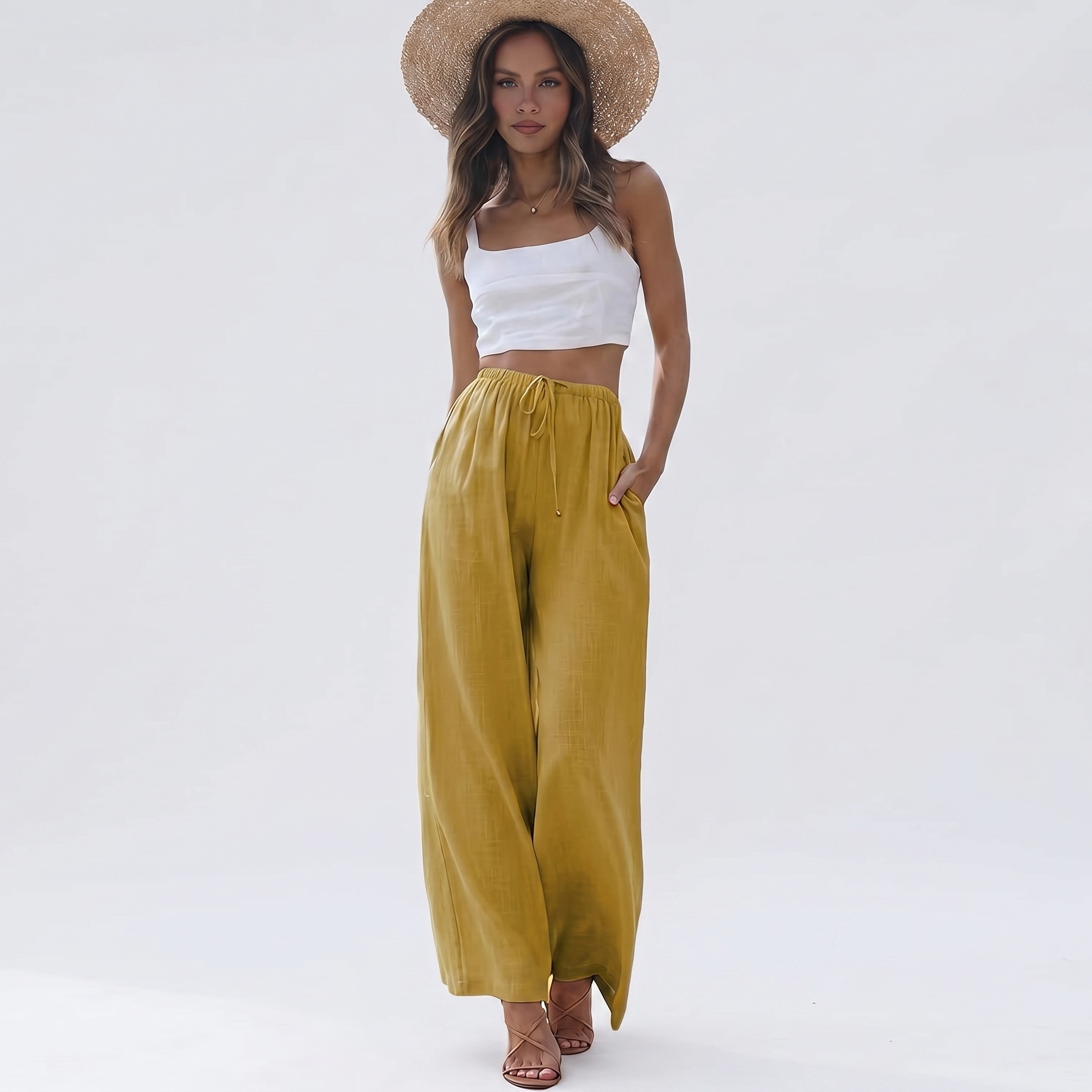 Cotton Linen Summer Wide Beach Palazzo Pants Pockets For Women