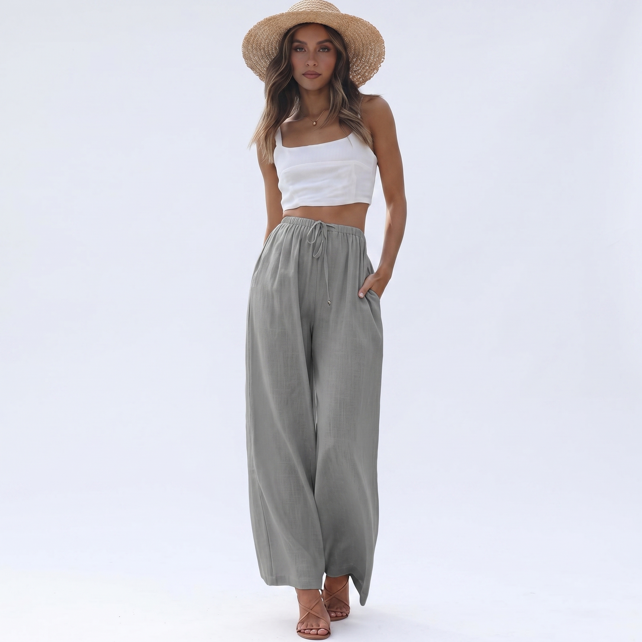 Cotton Linen Summer Wide Beach Palazzo Pants Pockets For Women