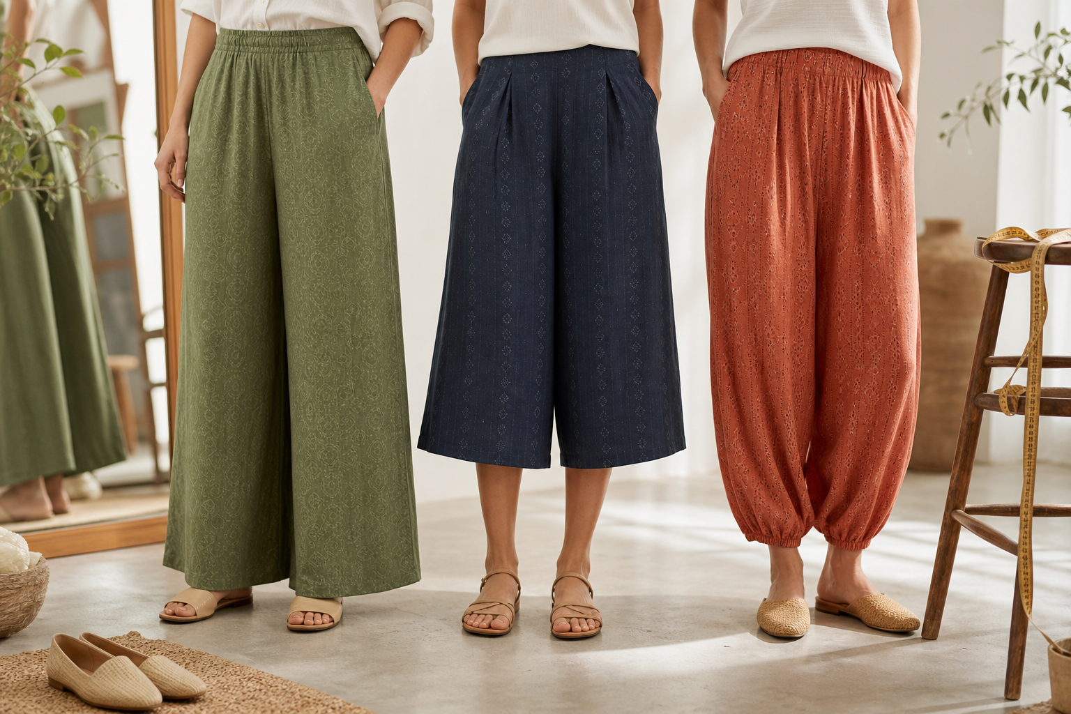 Three adults comparing sage wide-leg trousers, navy culottes and terracotta tapered harem pants in a summer dressing studio