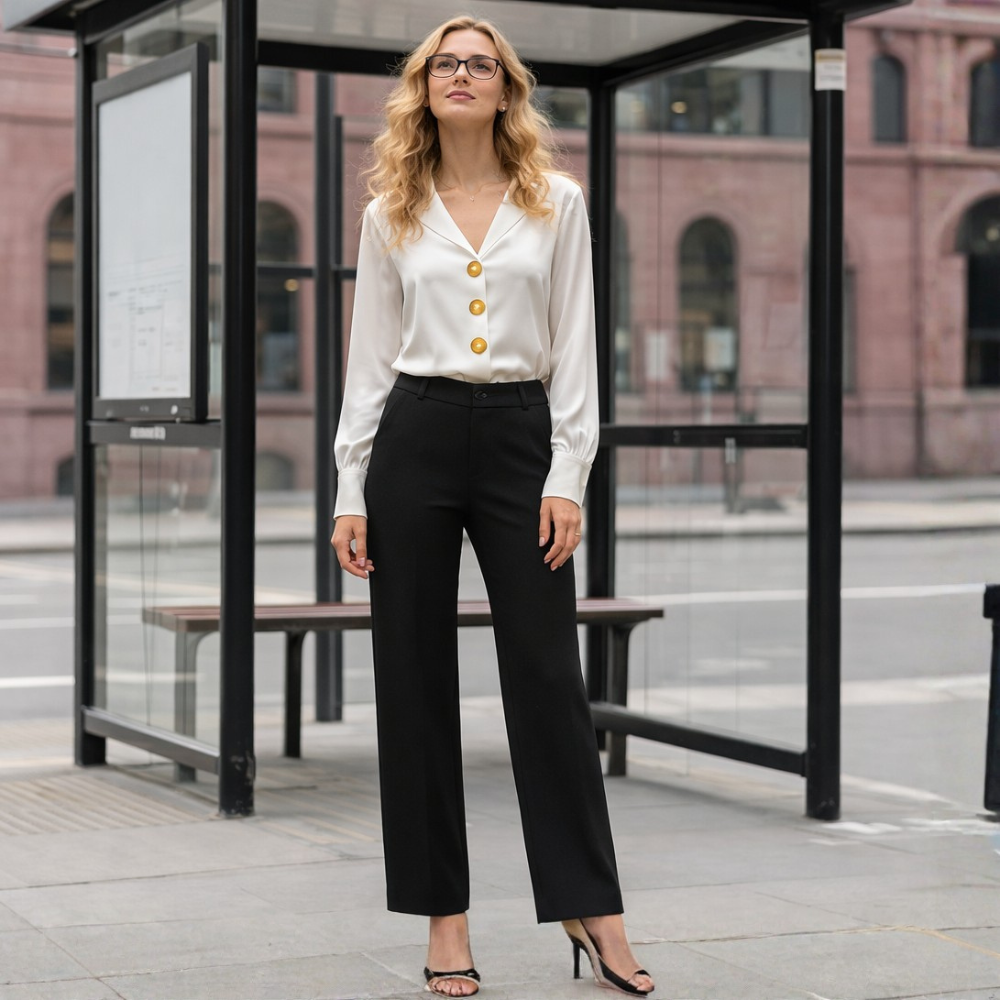 [Copy]High Rise Straight Pants With Button Detail And Pocket For Women