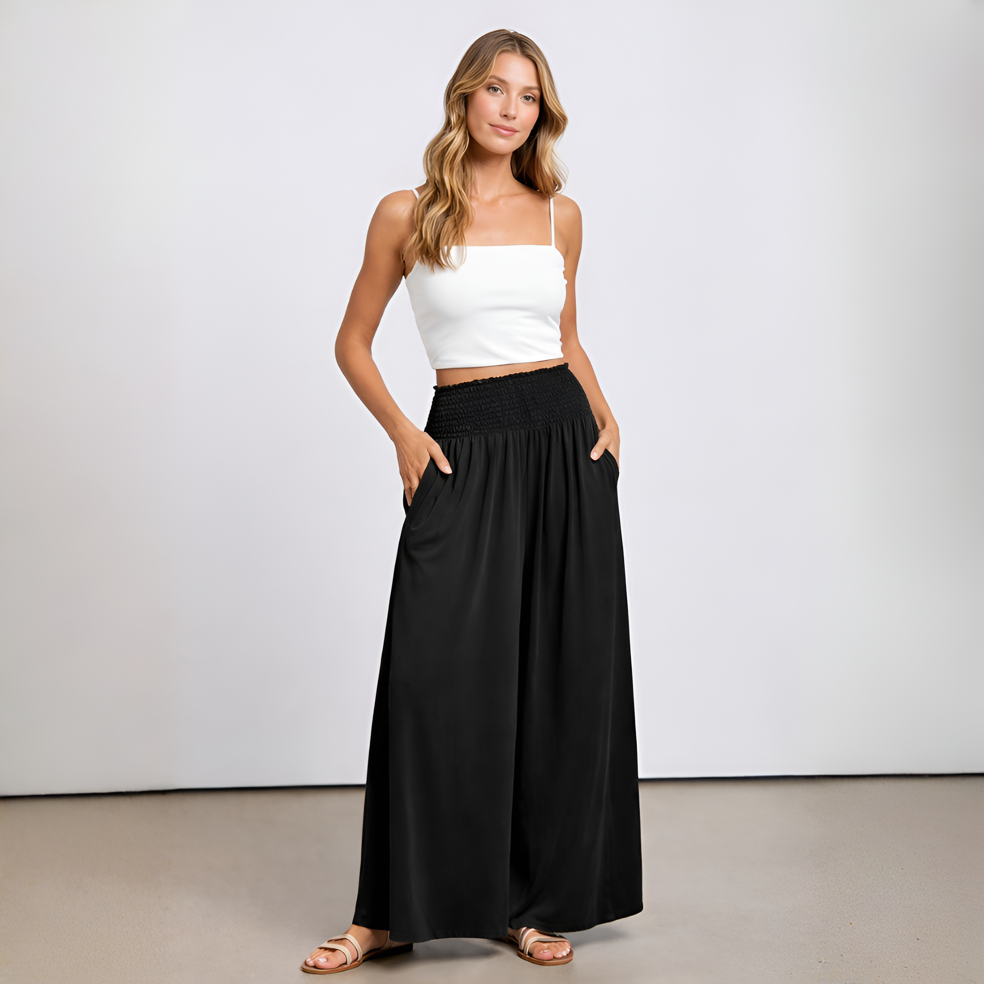 Casual Smocked Waist Wide Shank Pants