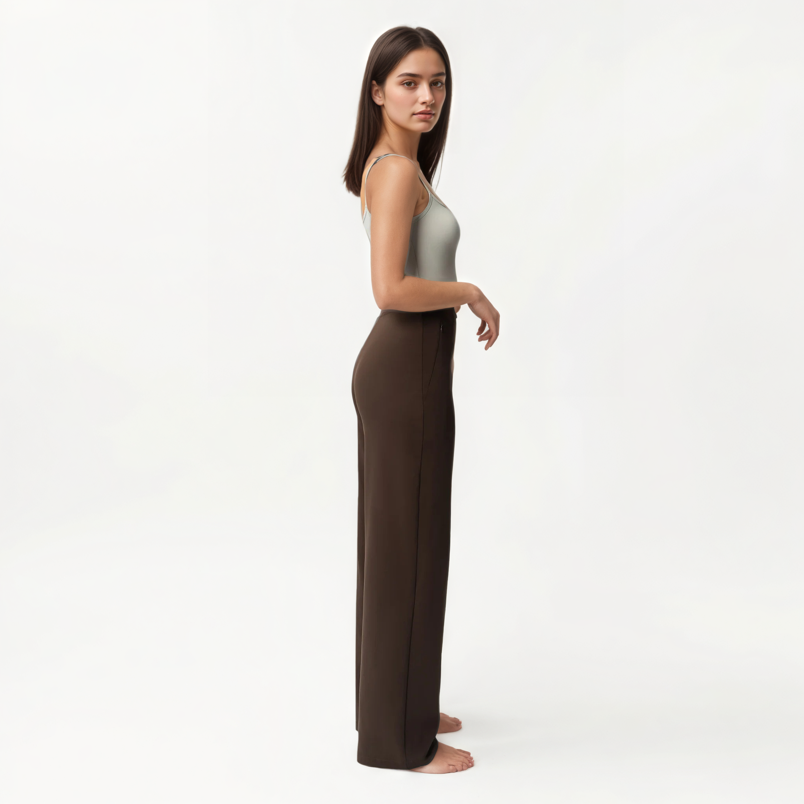 High Rise Straight Fit Pants With Zip Pocket Design