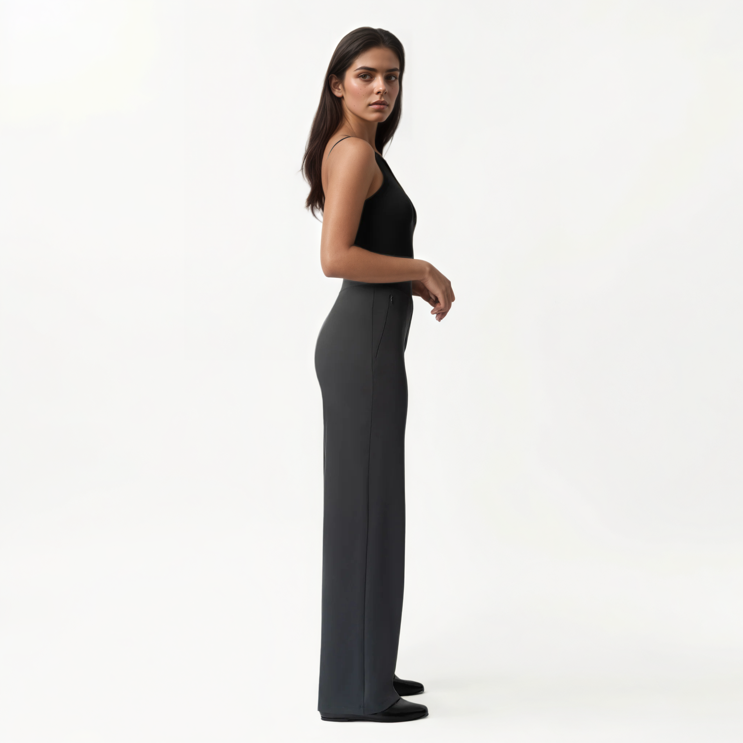 High Rise Straight Fit Pants With Zip Pocket Design