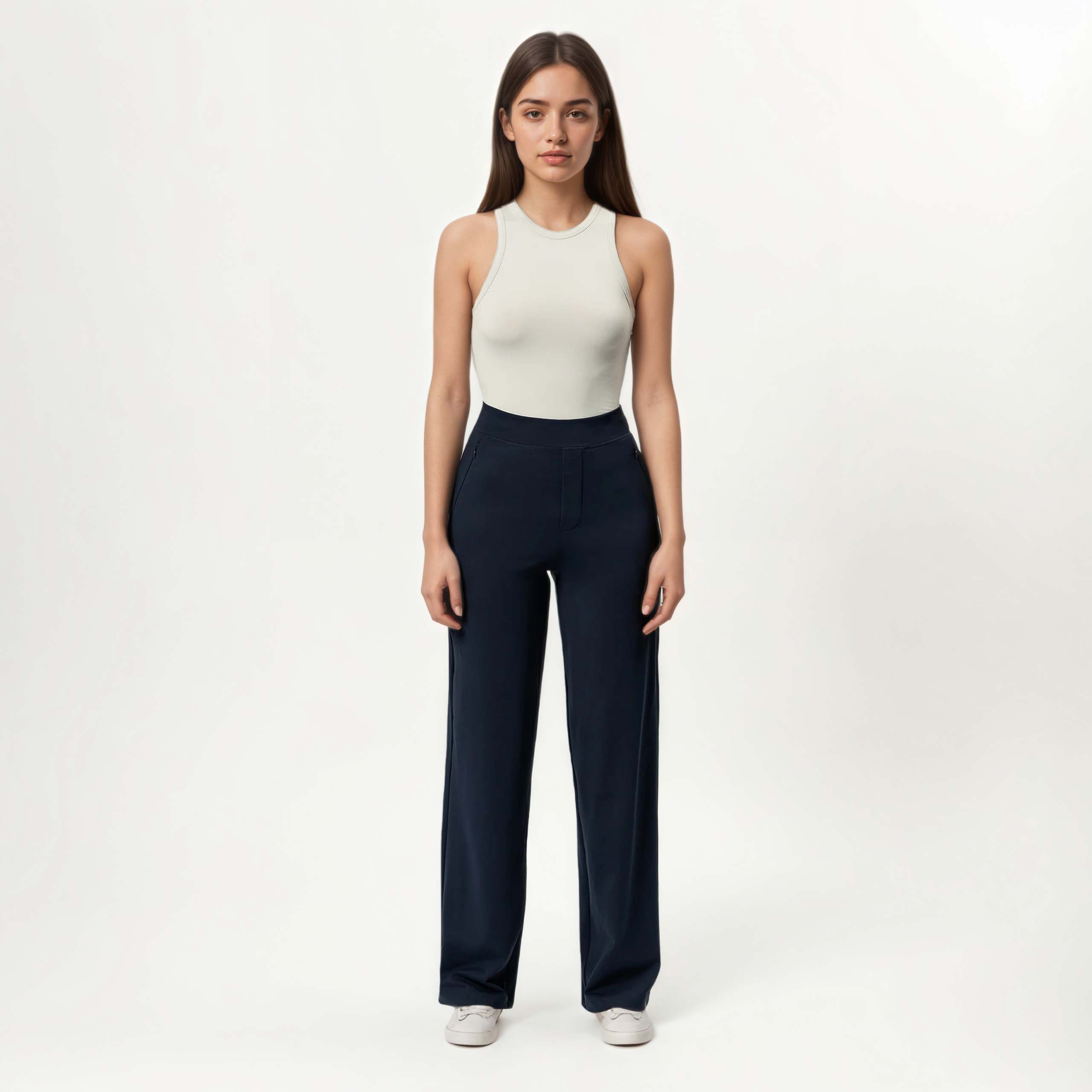 High Rise Straight Fit Pants With Zip Pocket Design