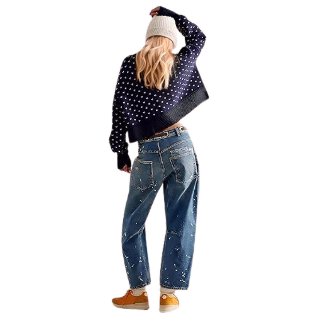 Mid Low Rise Drawstring Baggy Boho Denim Pants For Women